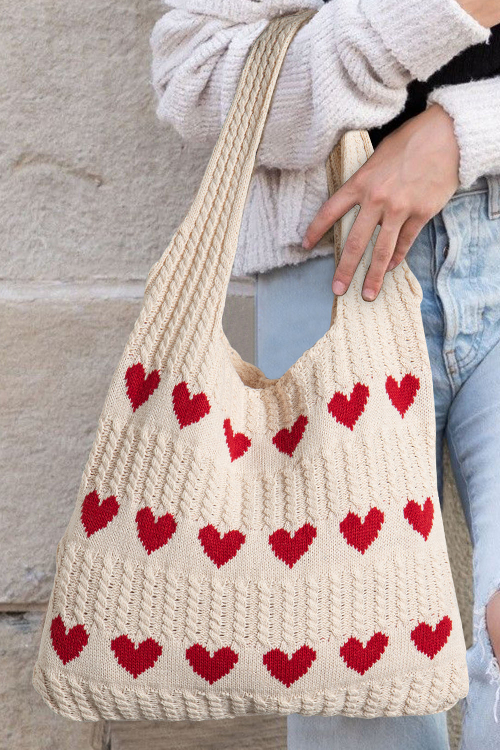 Super Cute Apricot Heart Pattern Knit Large Shoulder Bag