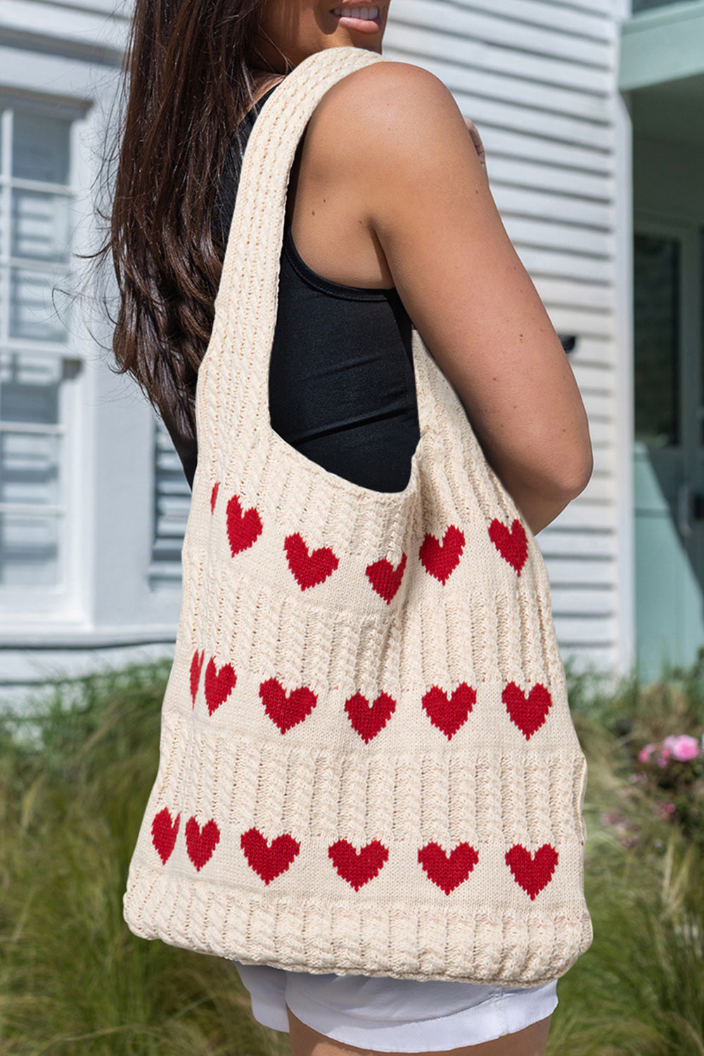 Super Cute Apricot Heart Pattern Knit Large Shoulder Bag