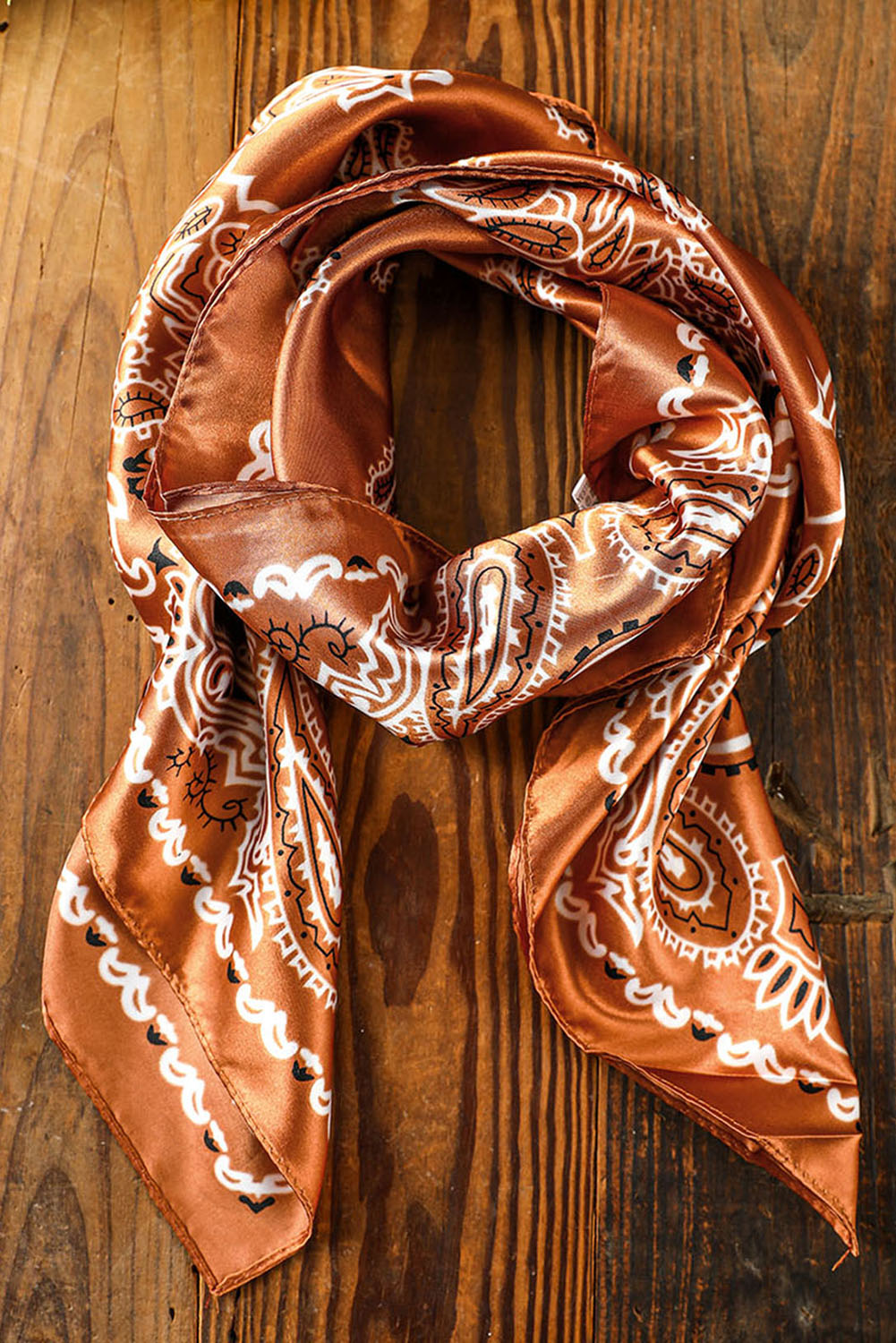 Copper Brown Vintage Fashion Satin Paisley Flower Prints Square Scarf