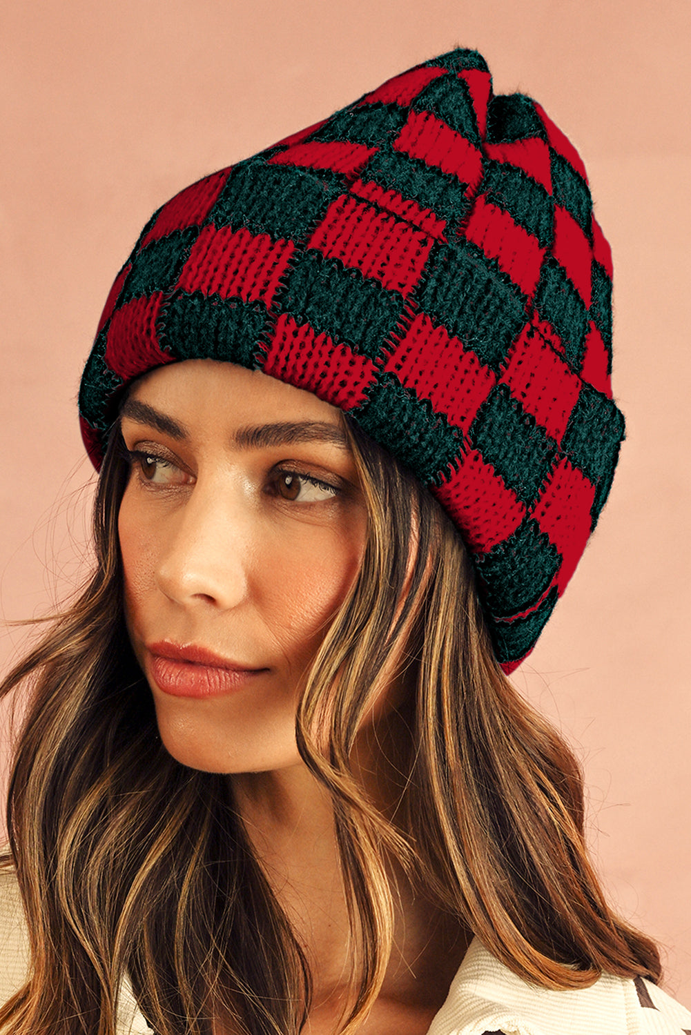 Racing Red and Forest Green Two Tone Checkered Folded Beanie Cap