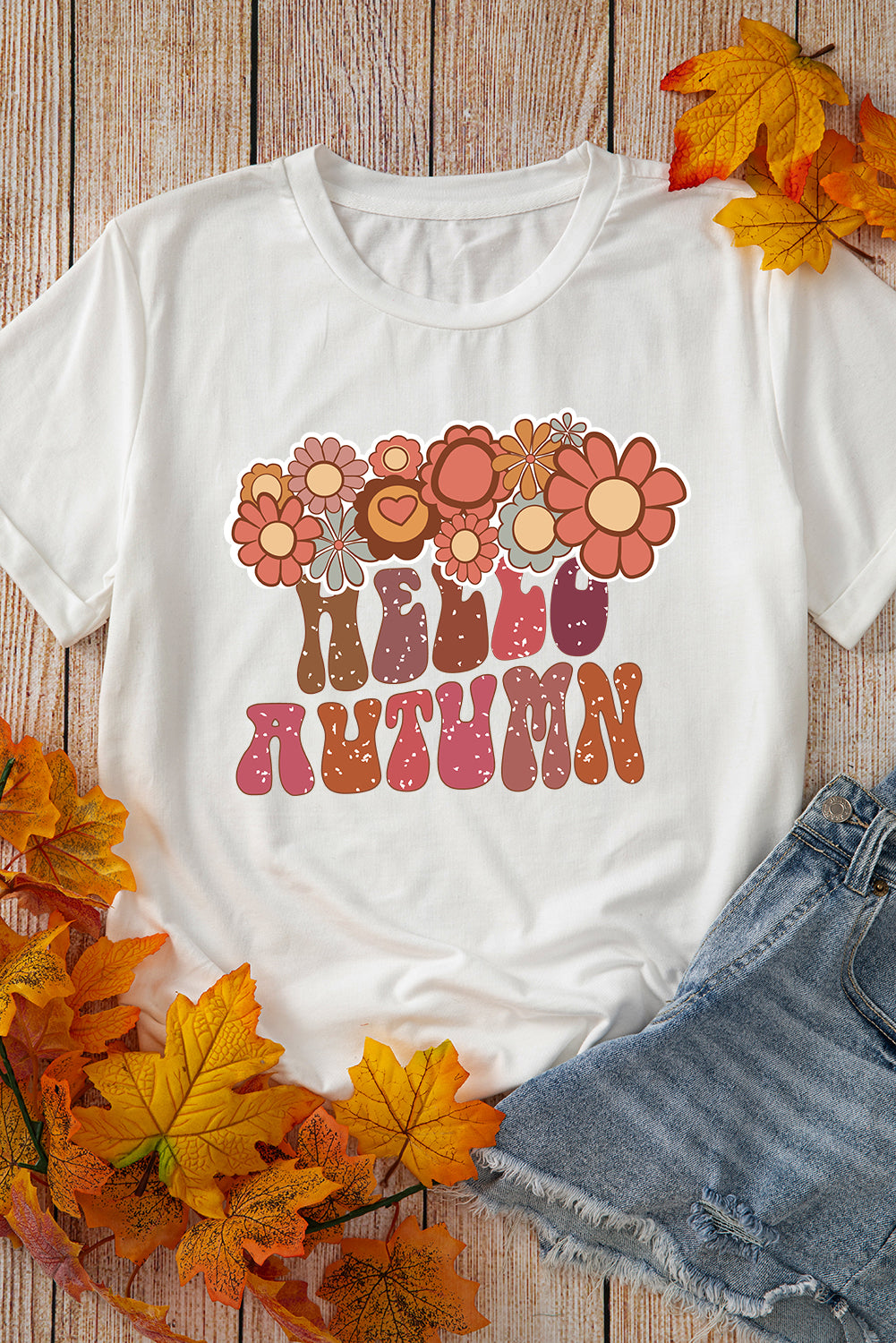 White Floral "HELLO AUTUMN" Printed Crewneck T Shirt