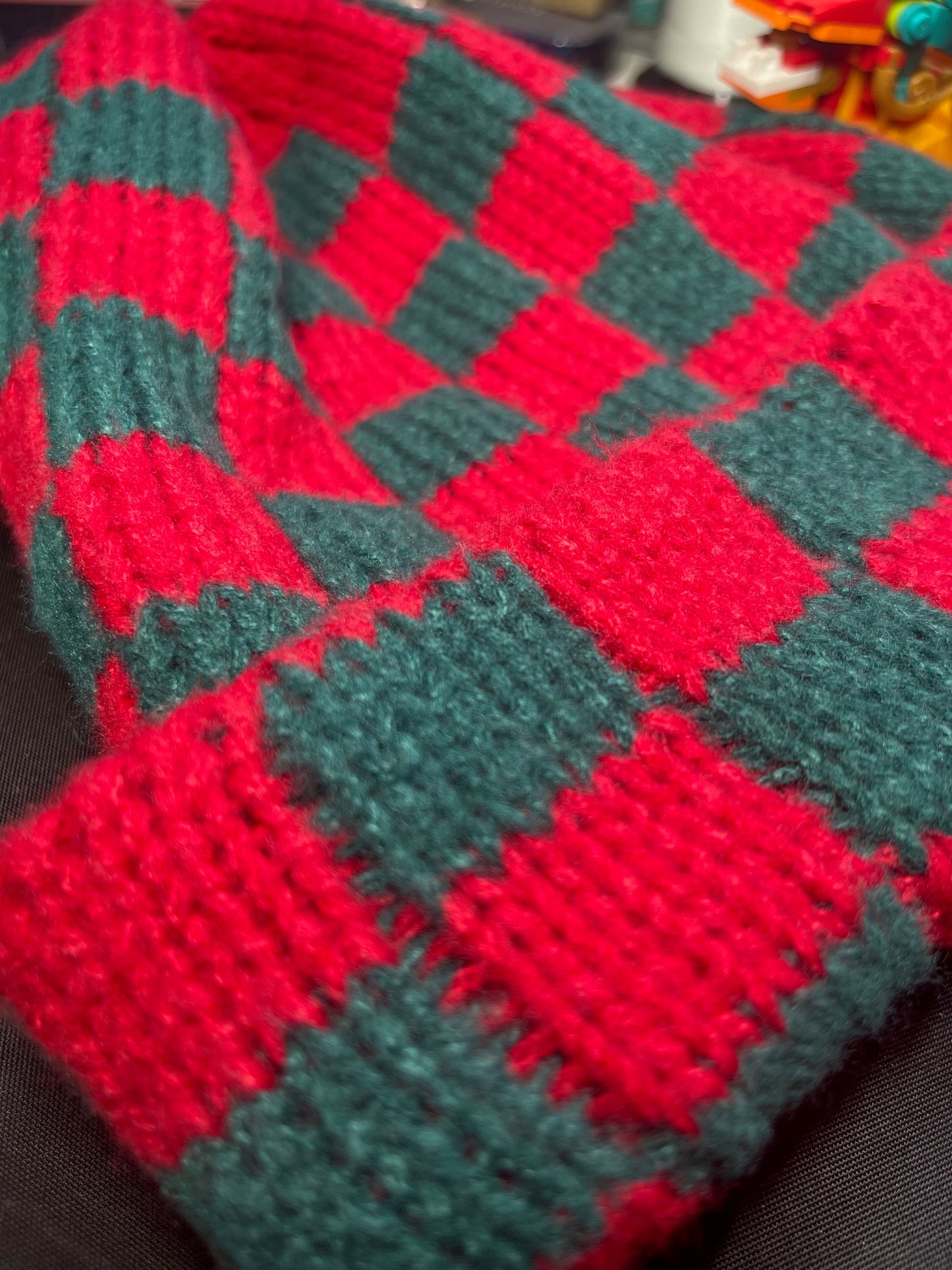 Racing Red and Forest Green Two Tone Checkered Folded Beanie Cap