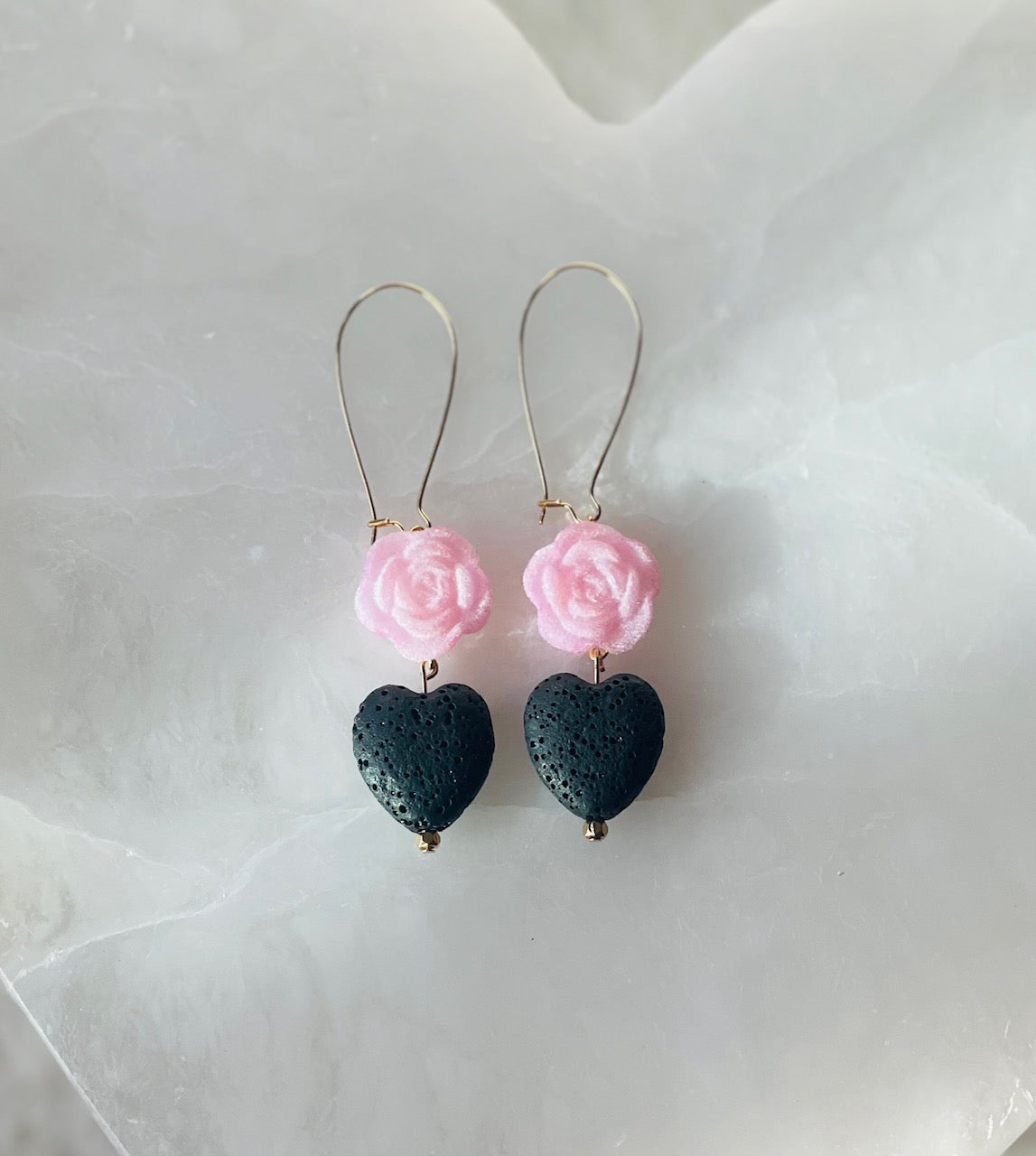 Pink Rose and Lava Heart Dangle Earrings