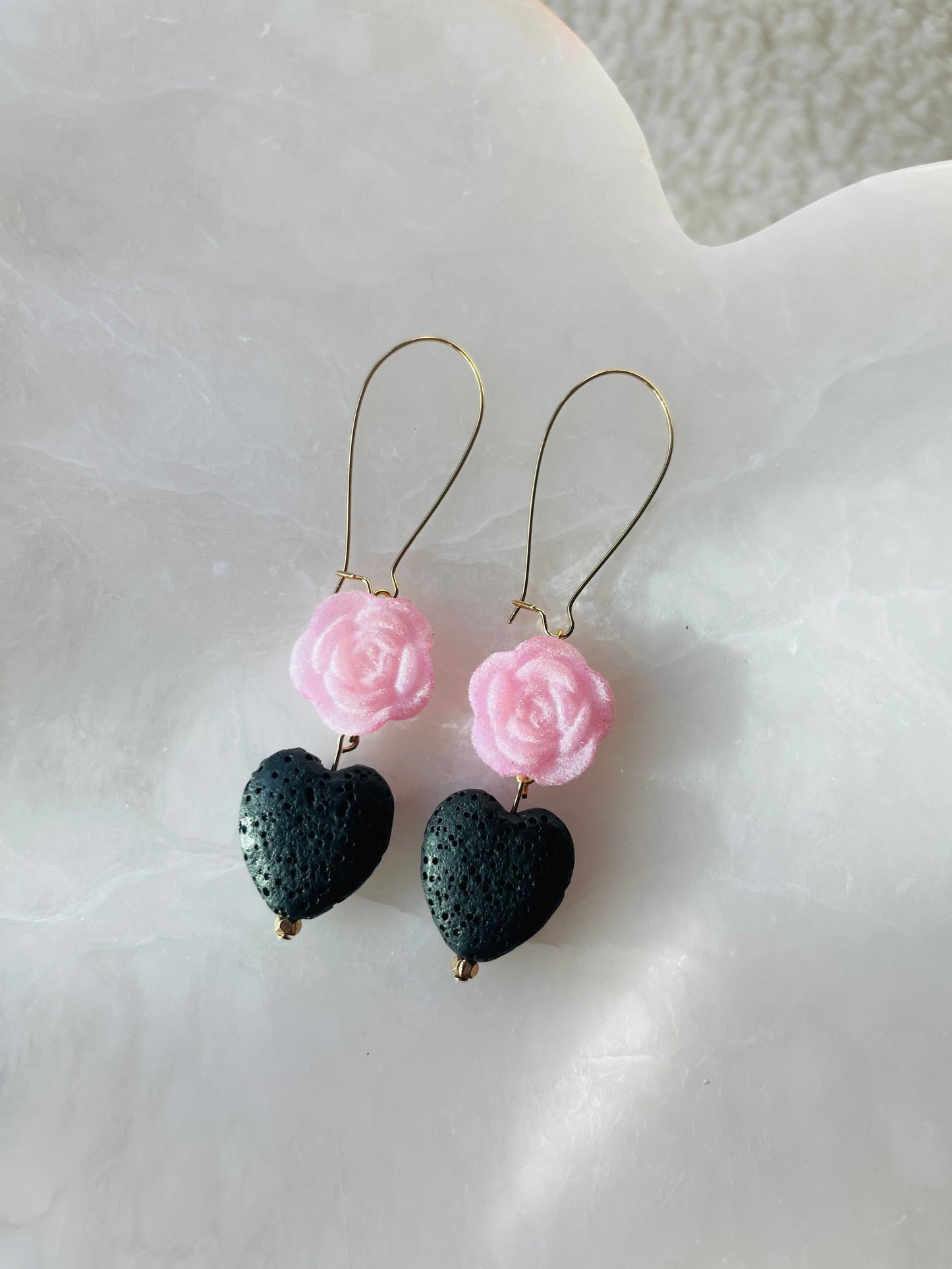 Pink Rose and Lava Heart Dangle Earrings