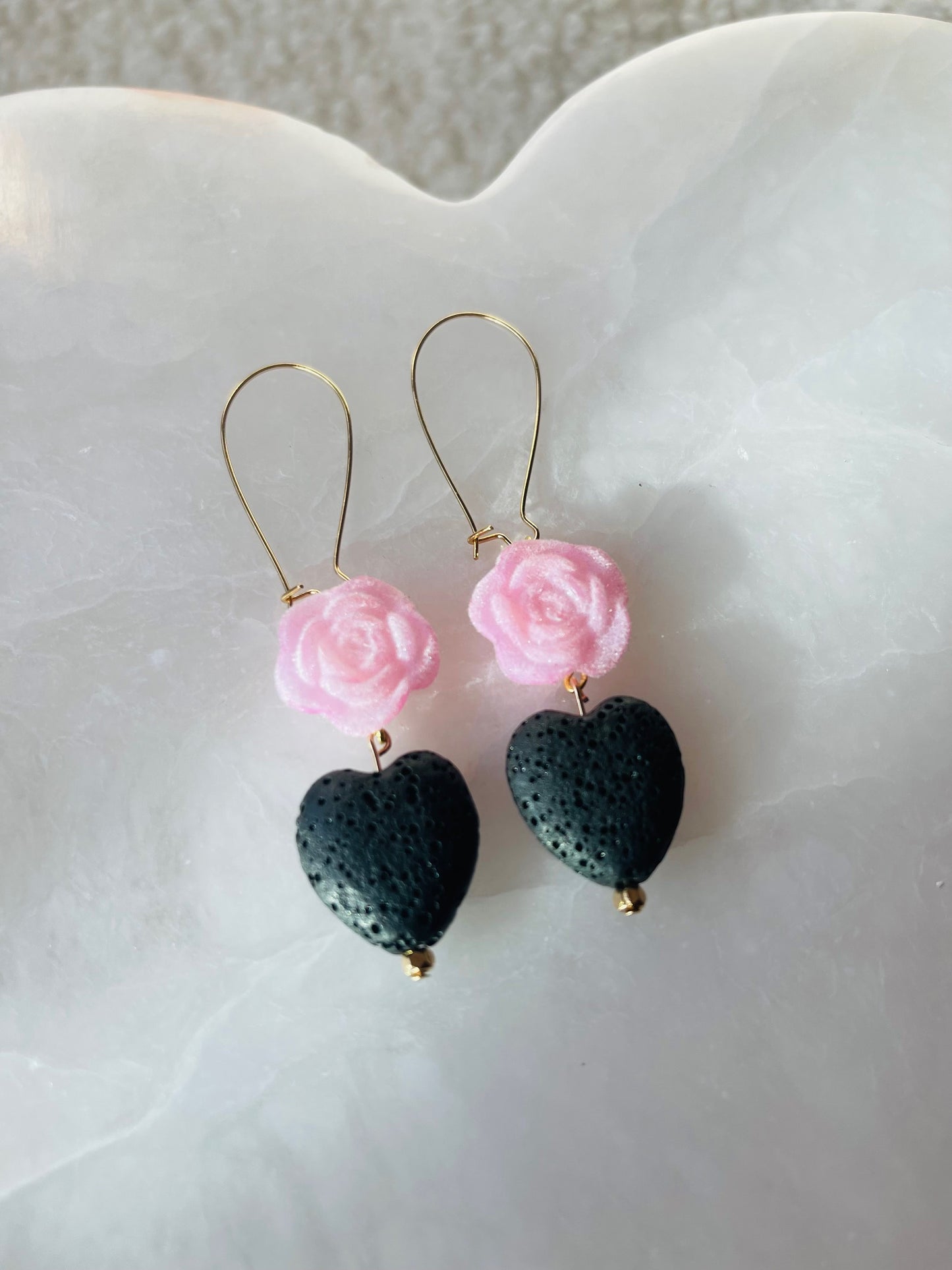 Pink Rose and Lava Heart Dangle Earrings