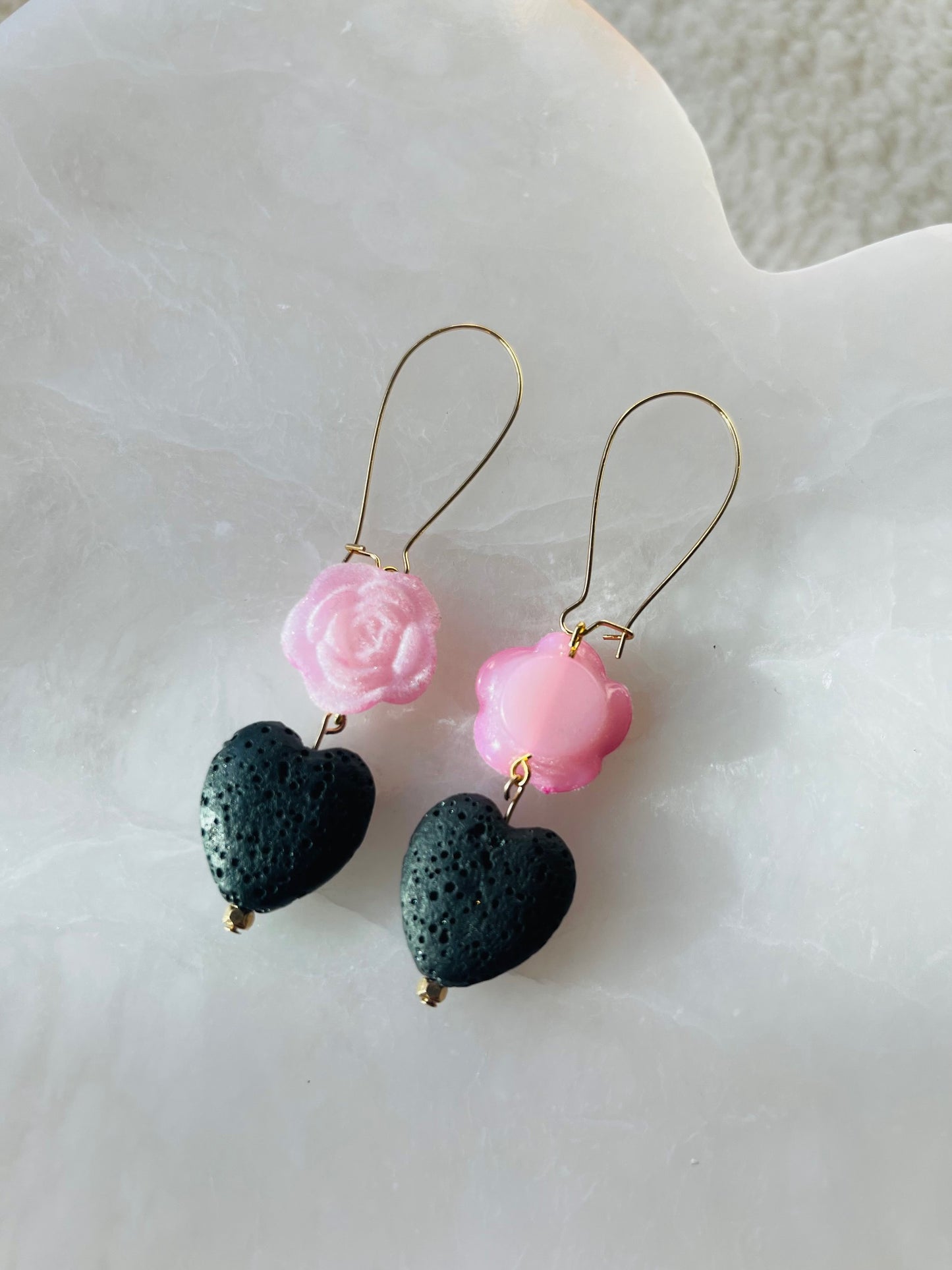 Pink Rose and Lava Heart Dangle Earrings