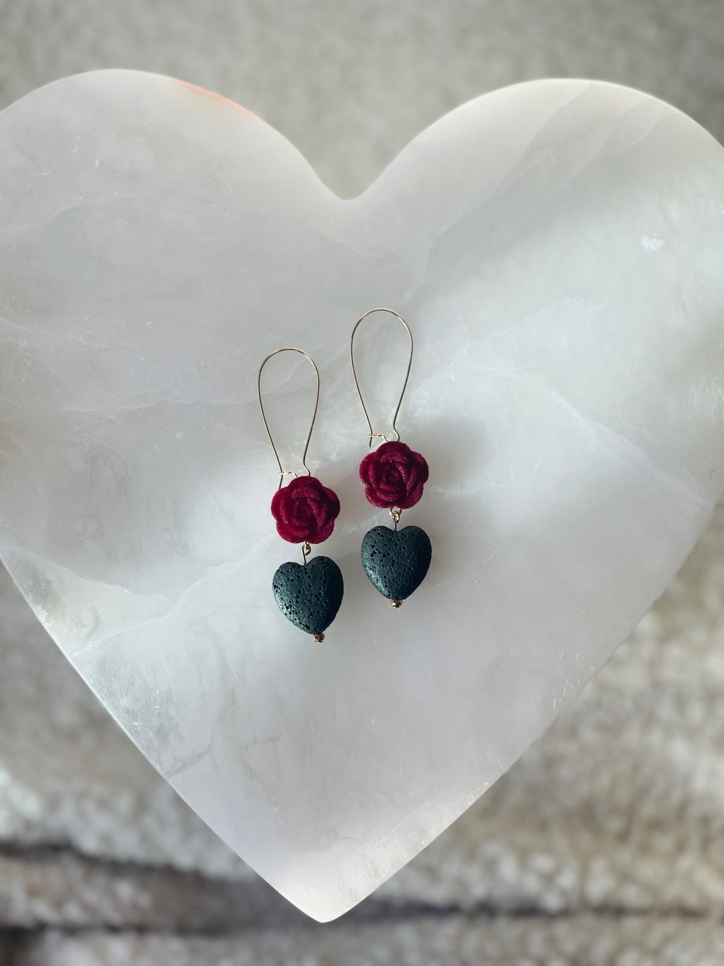 Deep Red Rose and Lava Heart Dangle Earrings