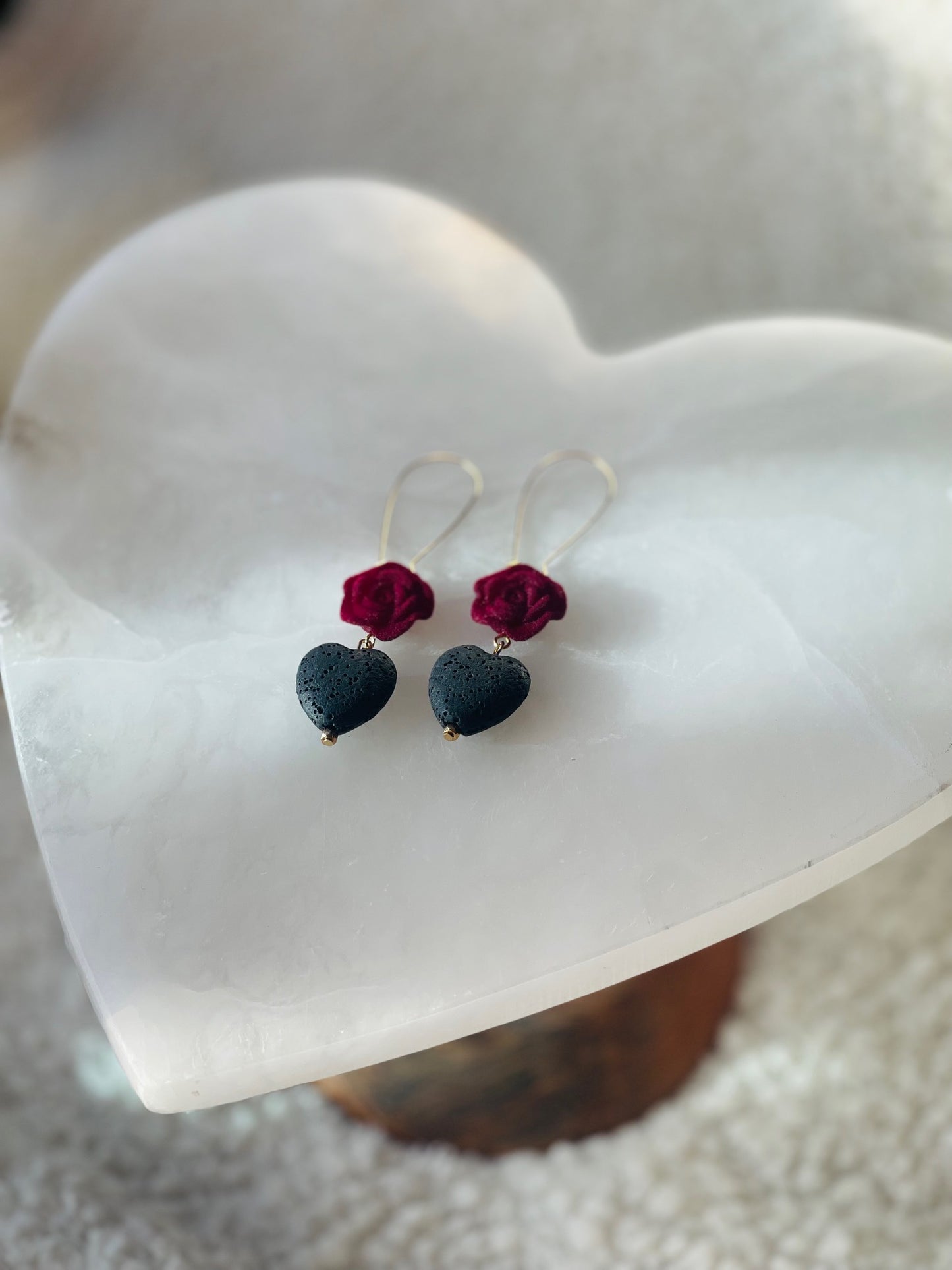 Deep Red Rose and Lava Heart Dangle Earrings