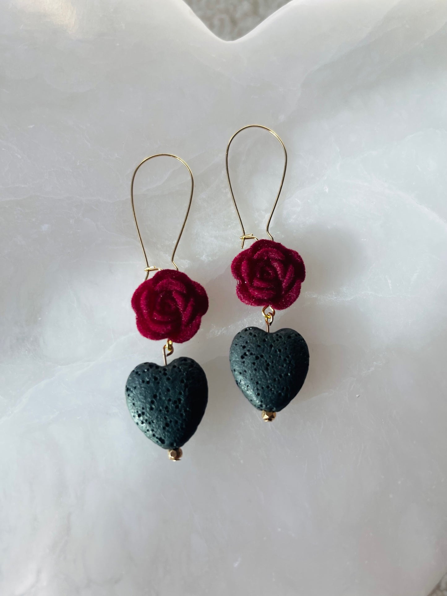 Deep Red Rose and Lava Heart Dangle Earrings