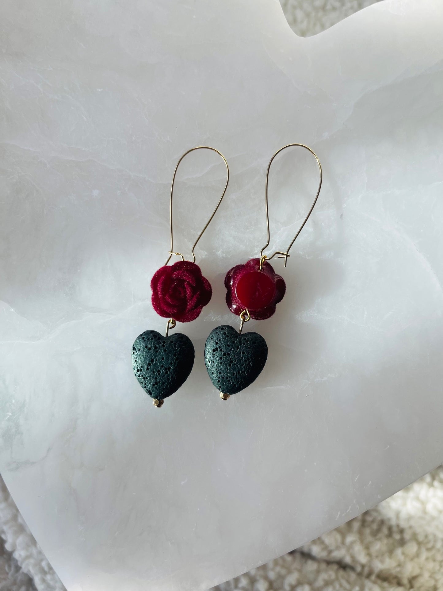 Deep Red Rose and Lava Heart Dangle Earrings