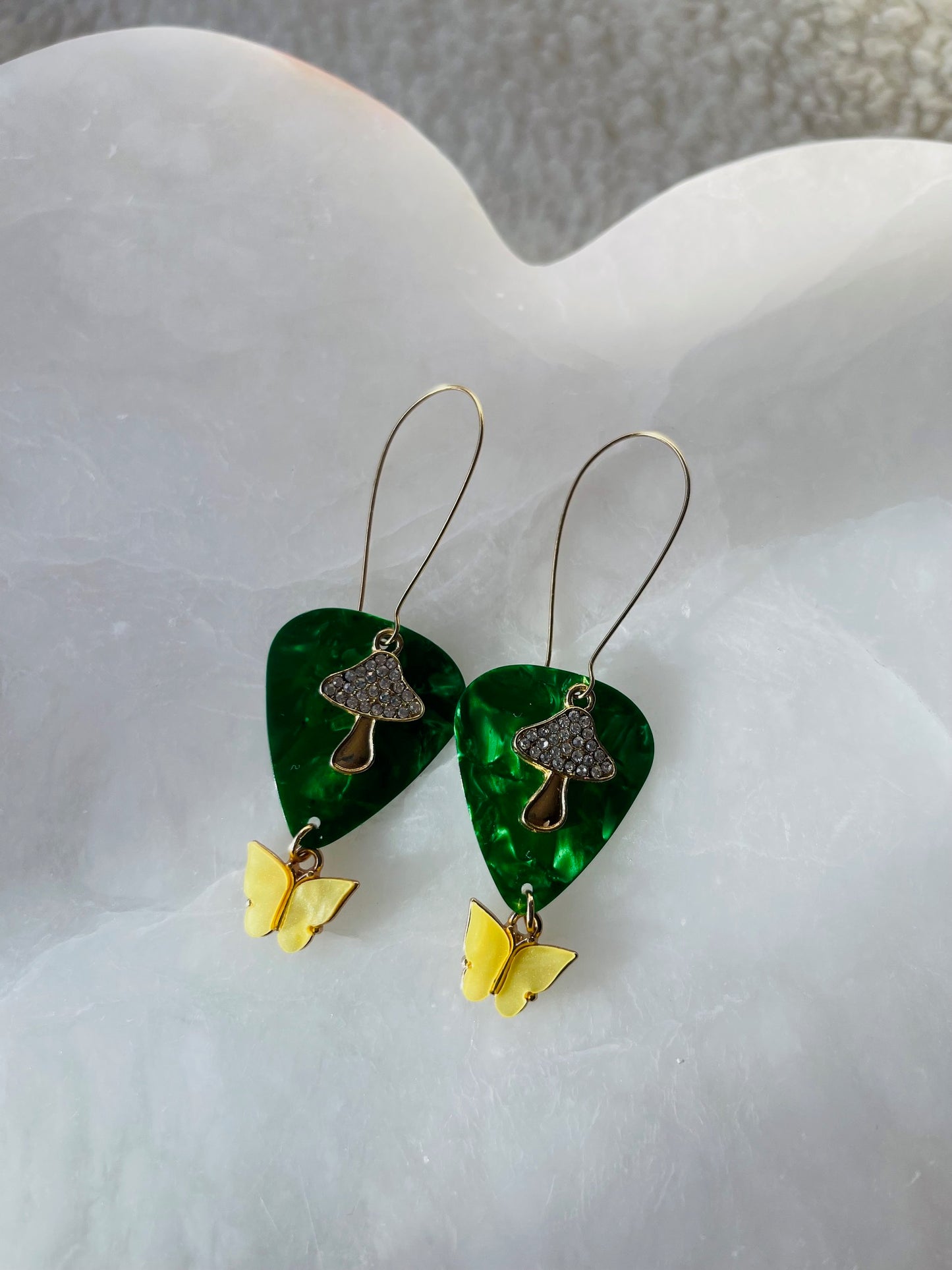 Far Out Guitar Pick with Mushy and Butterfly Dangle Earrings
