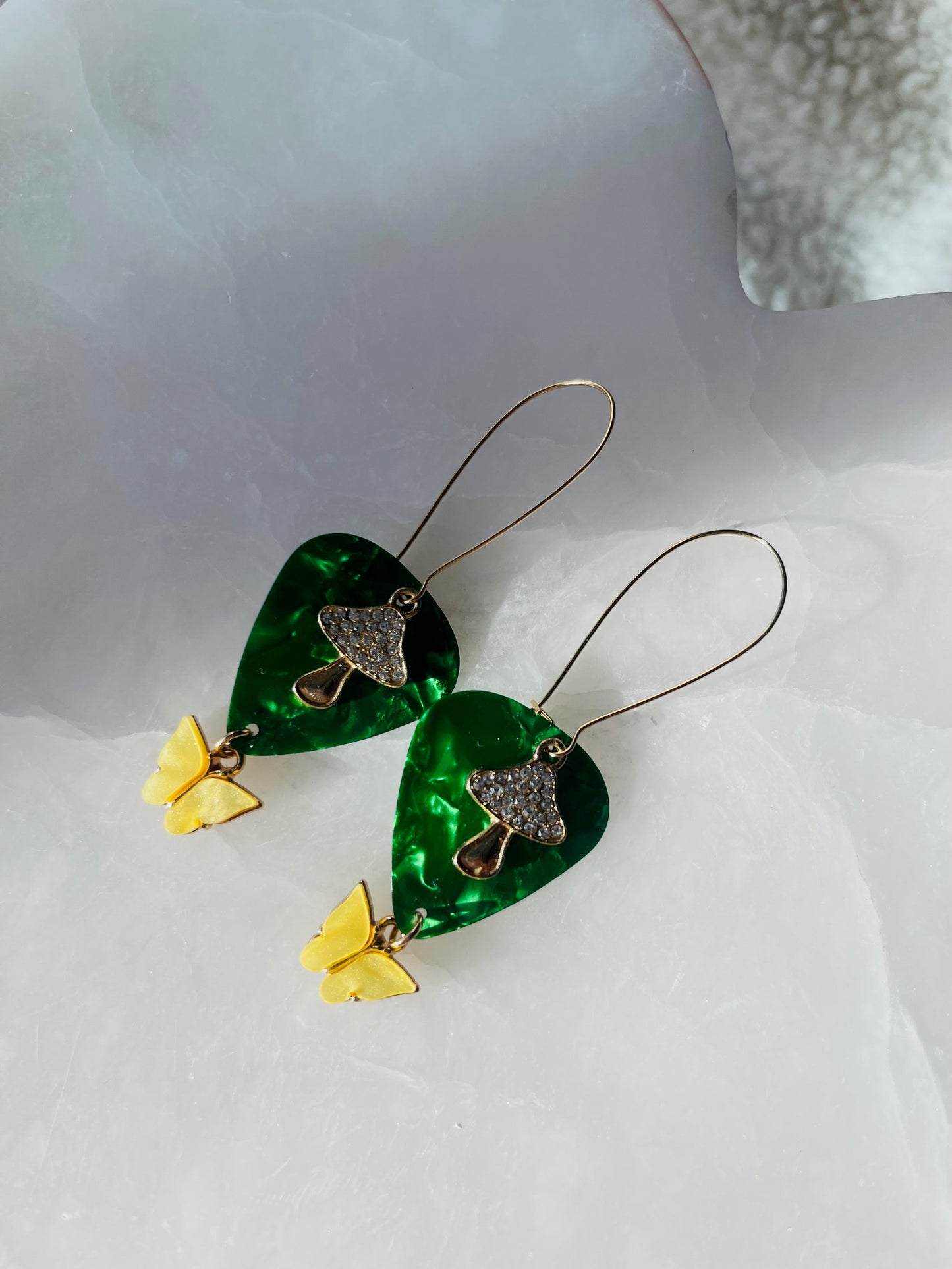 Far Out Guitar Pick with Mushy and Butterfly Dangle Earrings