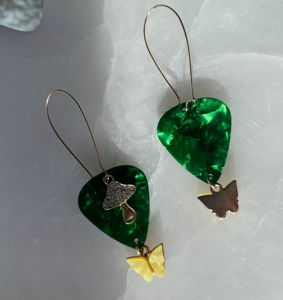 Far Out Guitar Pick with Mushy and Butterfly Dangle Earrings