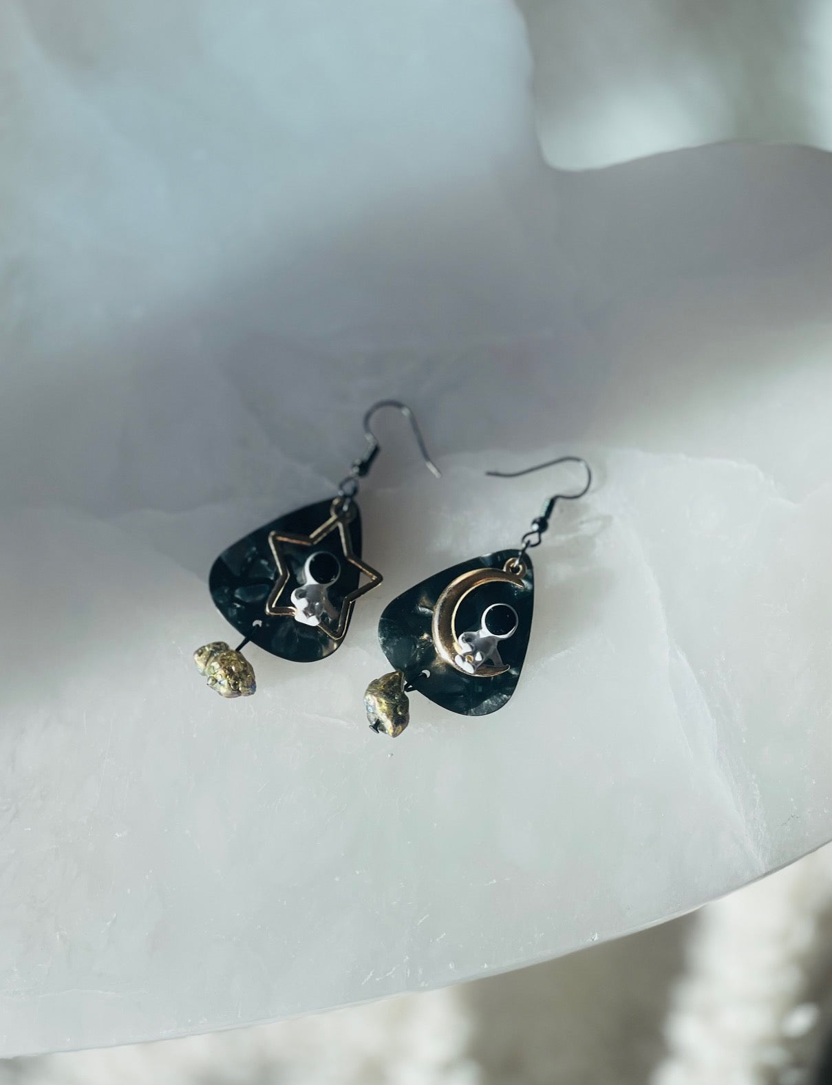 Space Cadet with marble Black Guitar Picks and Rainbow Pyrite Dangle Earrings