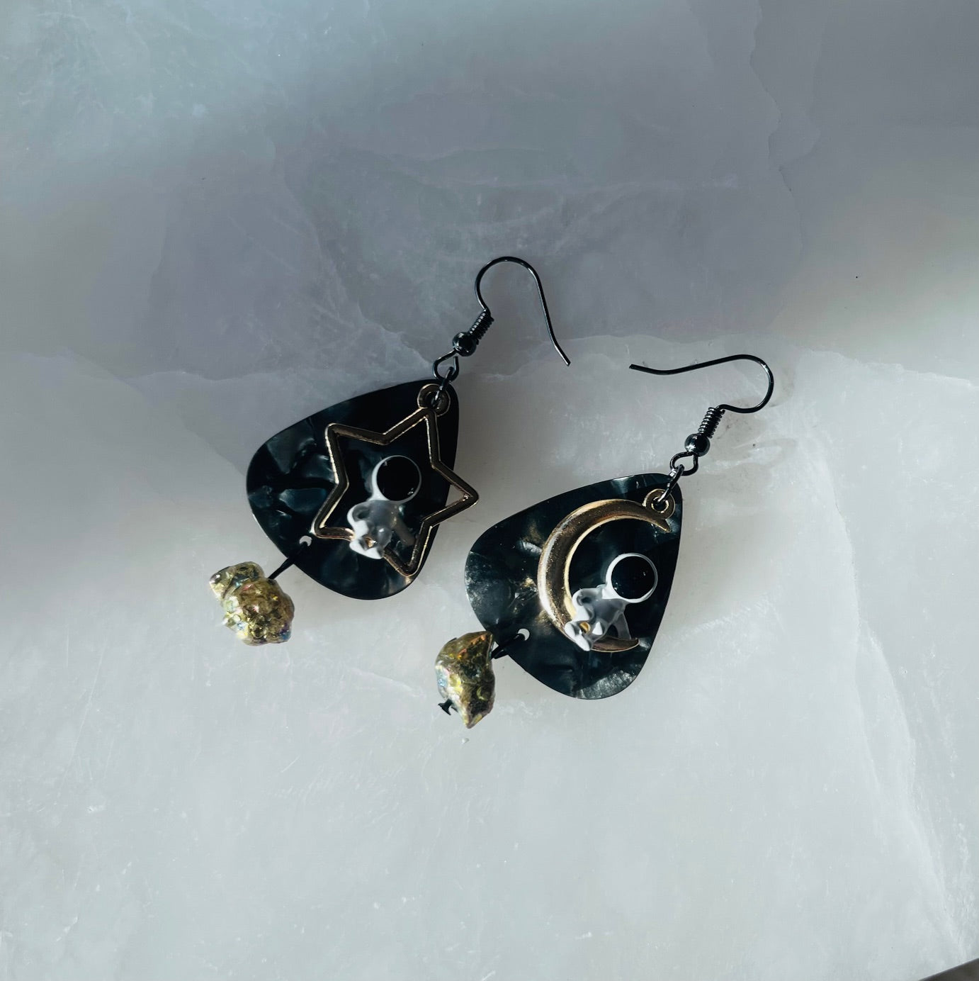 Space Cadet with marble Black Guitar Picks and Rainbow Pyrite Dangle Earrings