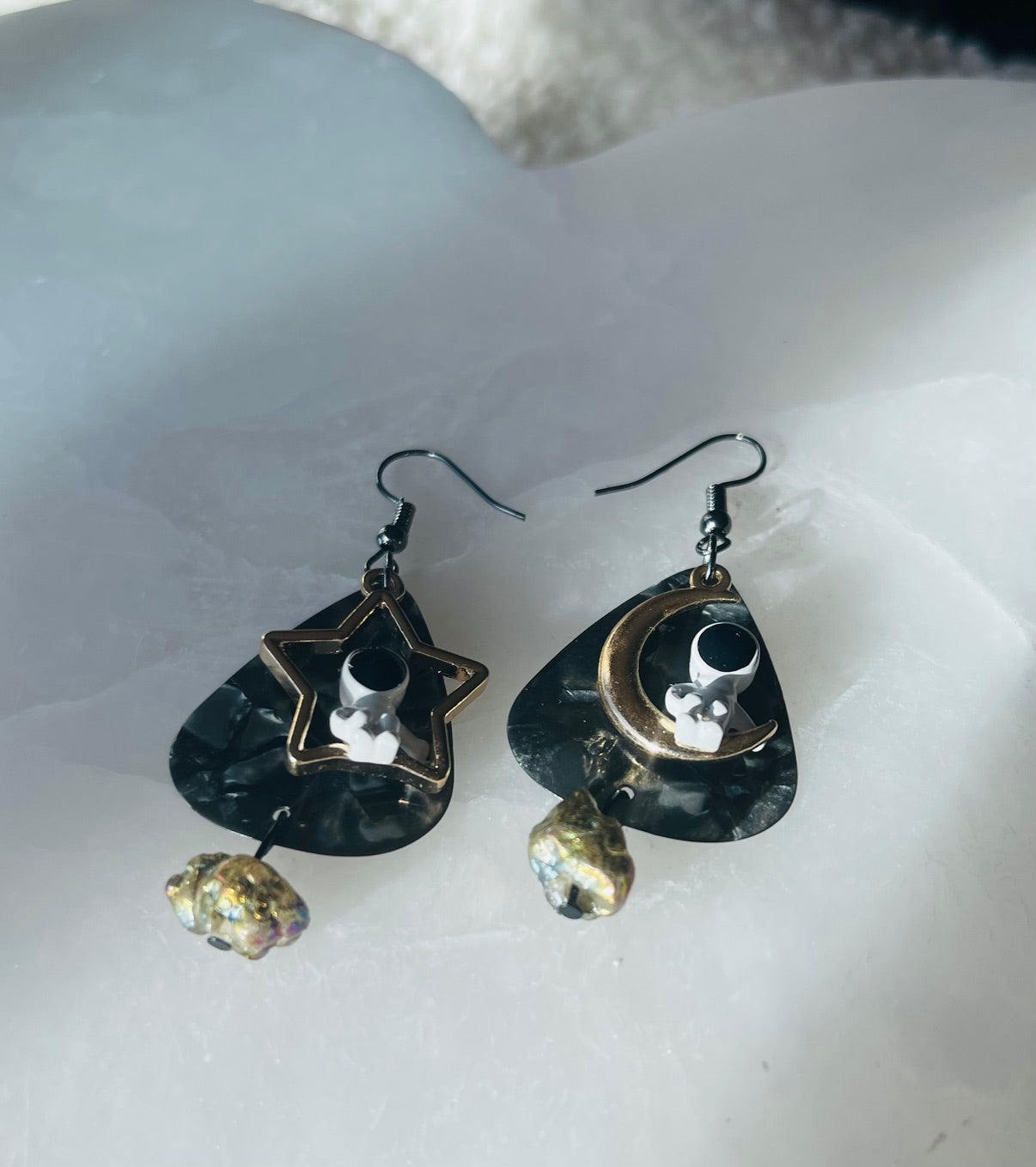Space Cadet with marble Black Guitar Picks and Rainbow Pyrite Dangle Earrings