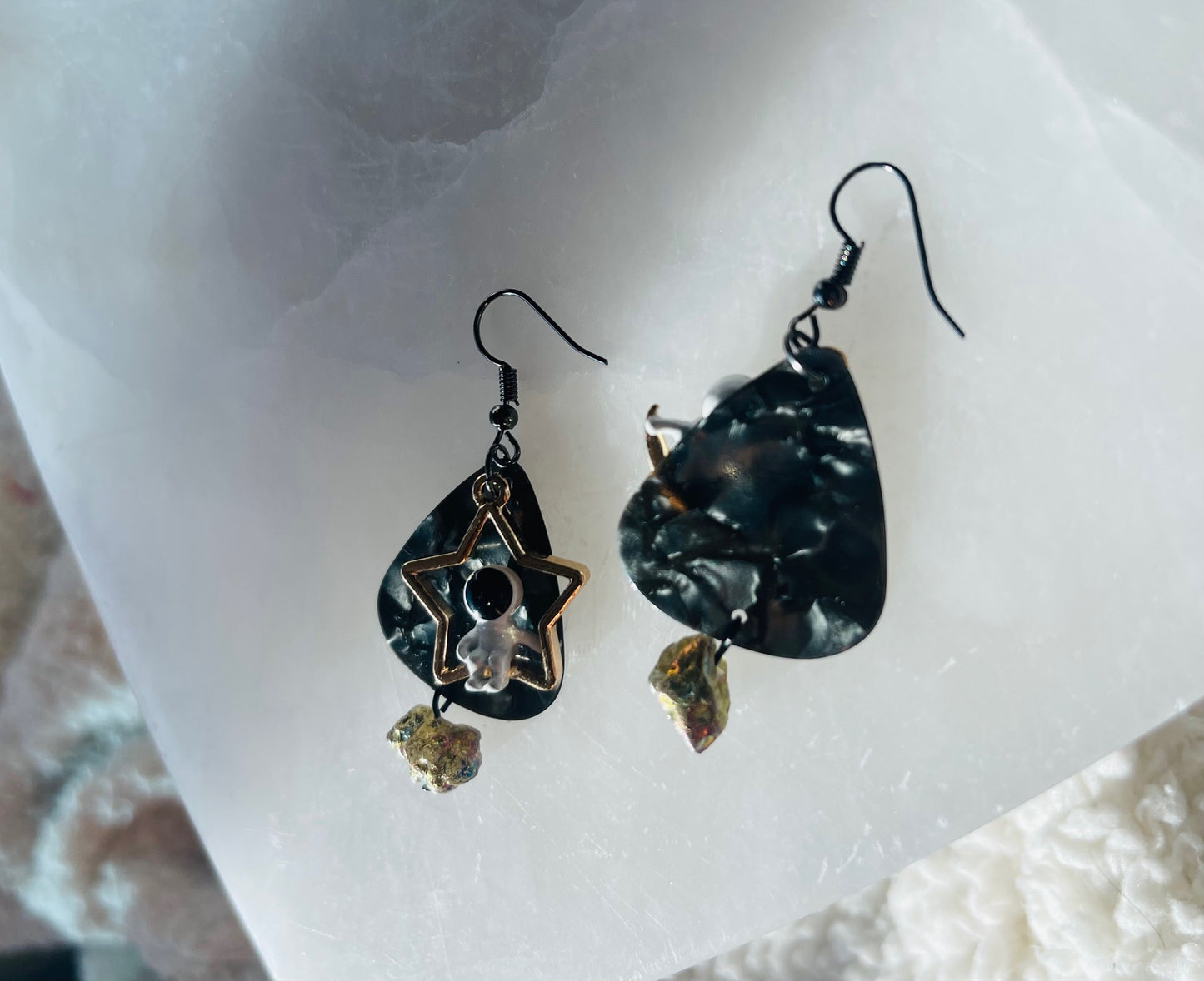 Space Cadet with marble Black Guitar Picks and Rainbow Pyrite Dangle Earrings