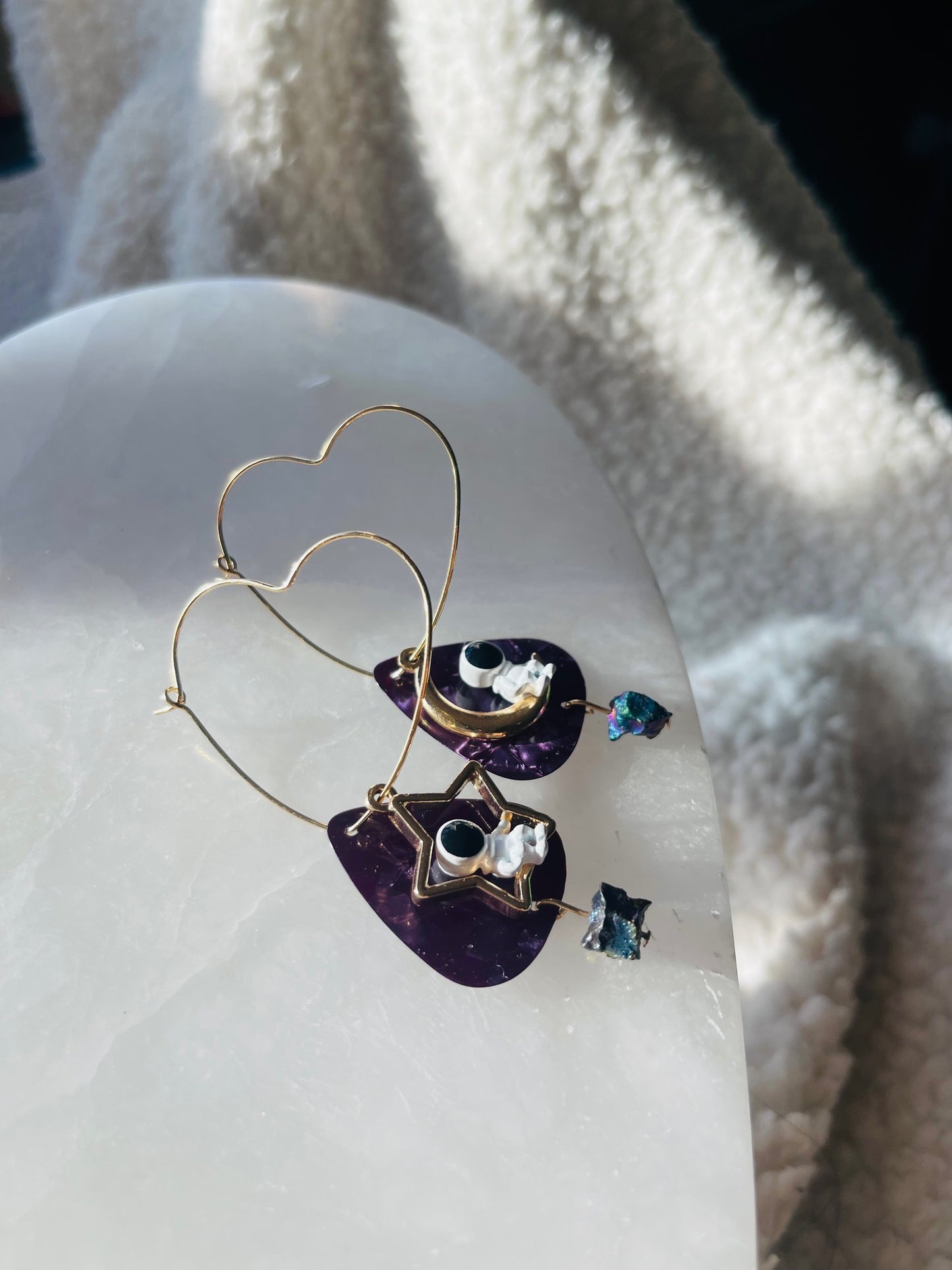 Space Cadet with Purple Guitar Picks and Rainbow Pyrite Heart Dangle Earrings