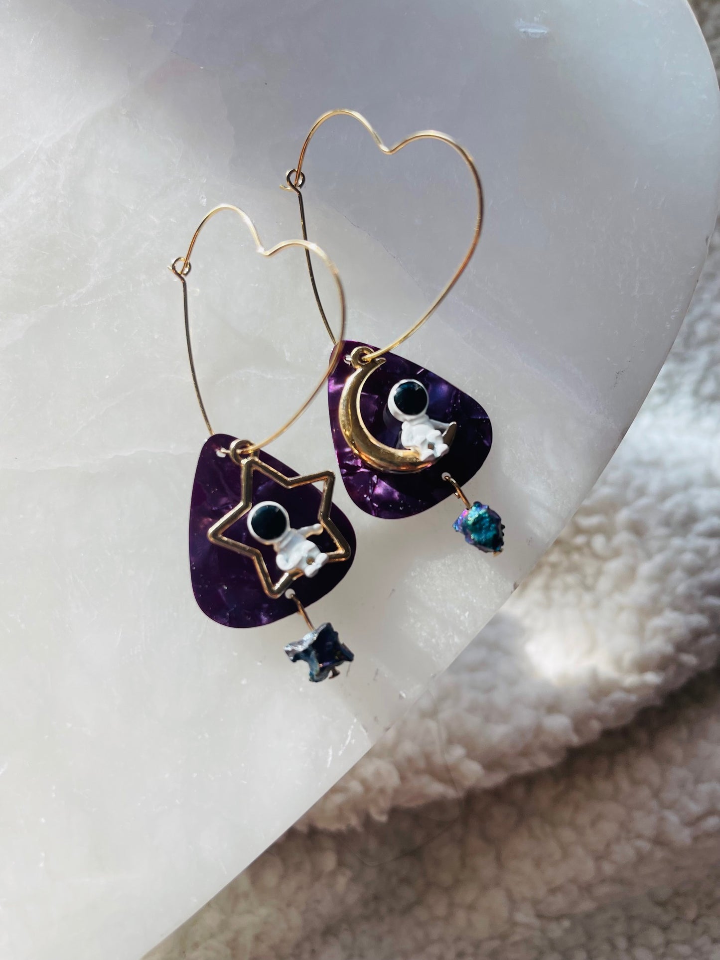 Space Cadet with Purple Guitar Picks and Rainbow Pyrite Heart Dangle Earrings