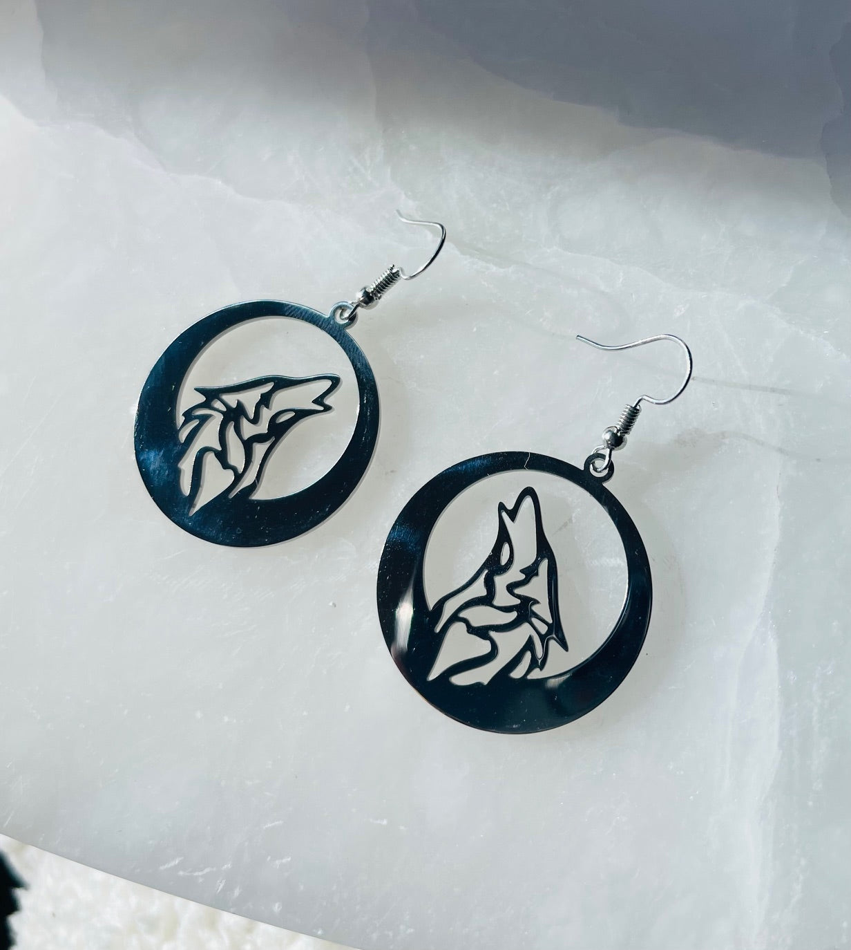Stainless Steel Wolf Cutout Dangle Earrings