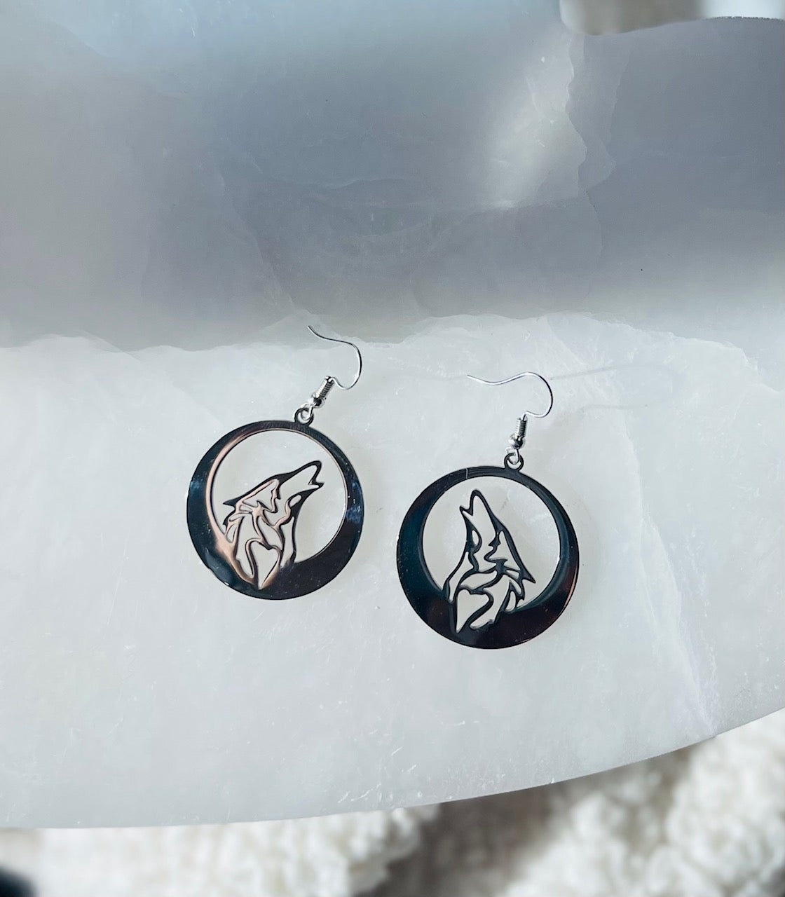 Stainless Steel Wolf Cutout Dangle Earrings