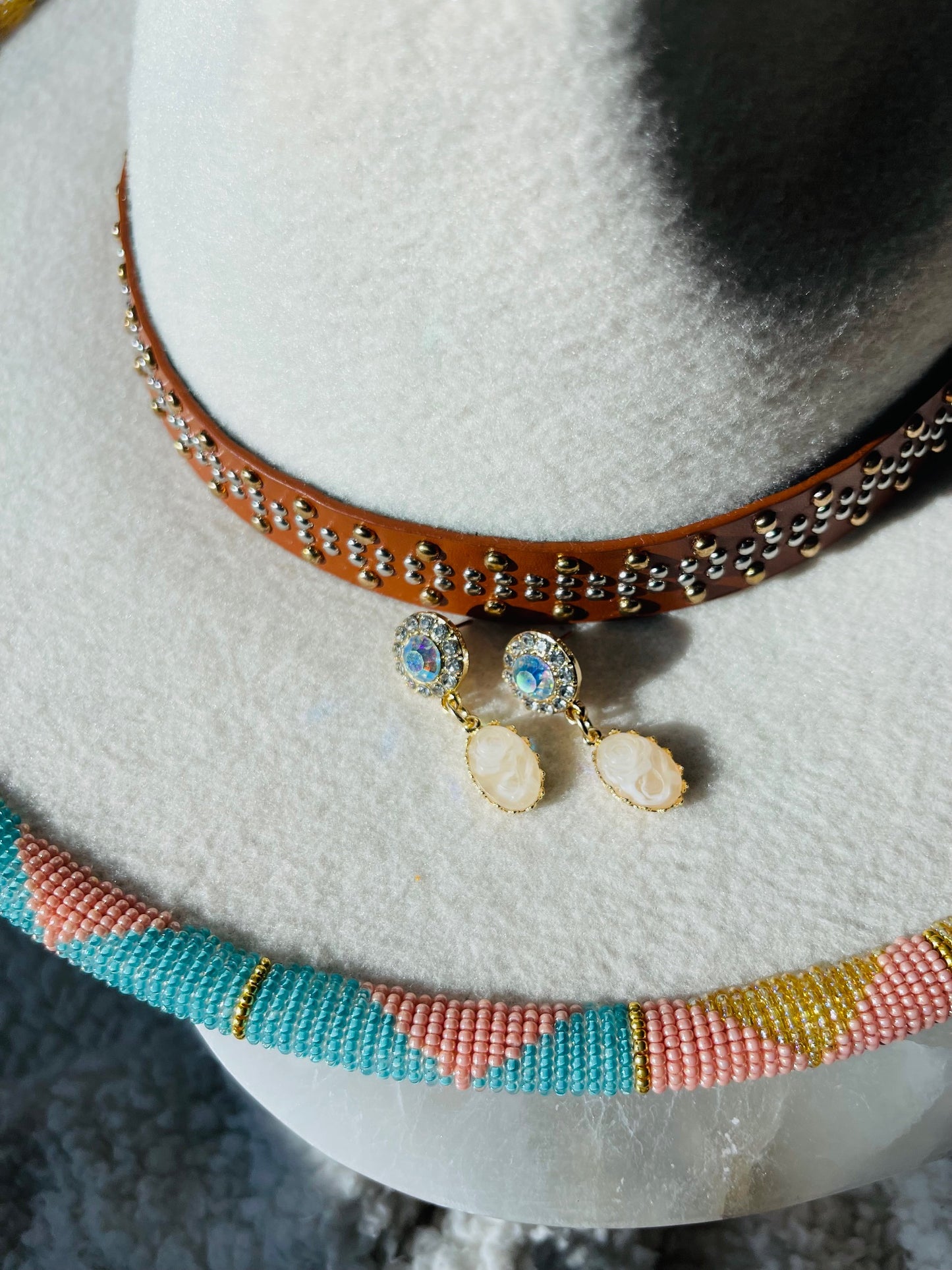 Beautiful Beaded Hat Brim and Studded Earring Set