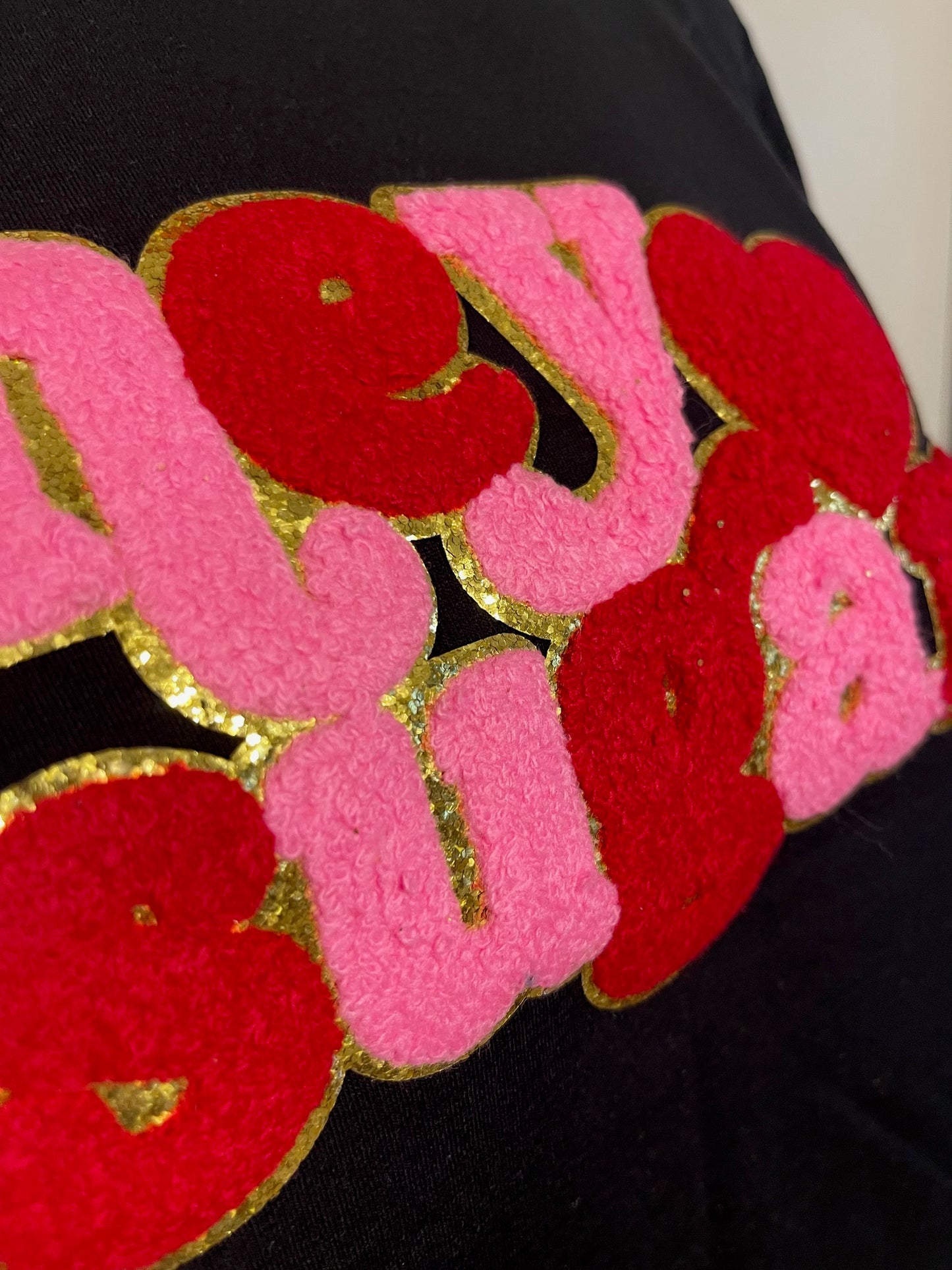 "Hey Sugar" Chenille Heart Patched Black Crewneck Valentines Tee