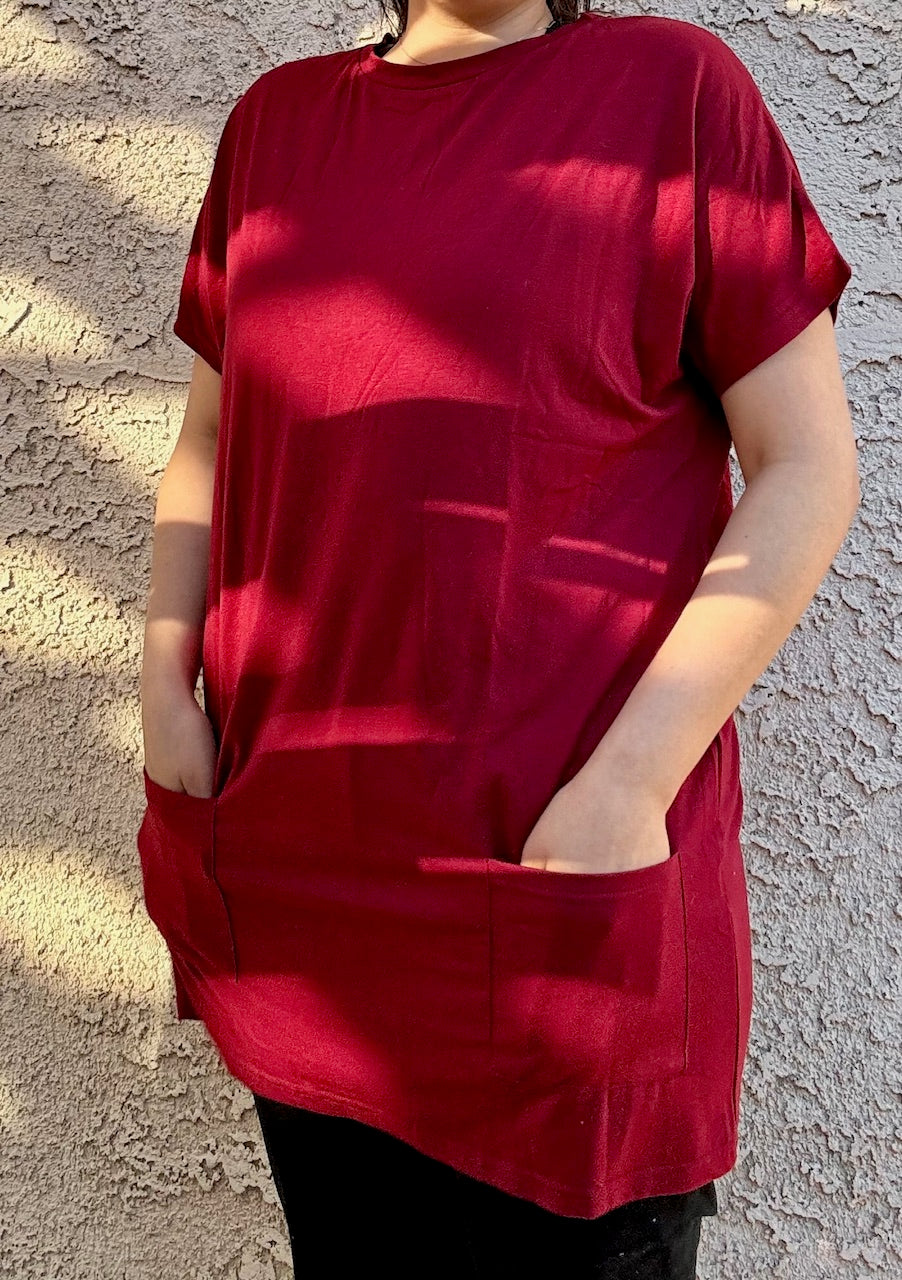 Fiery Red Side Pockets Short Sleeve Tunic Top