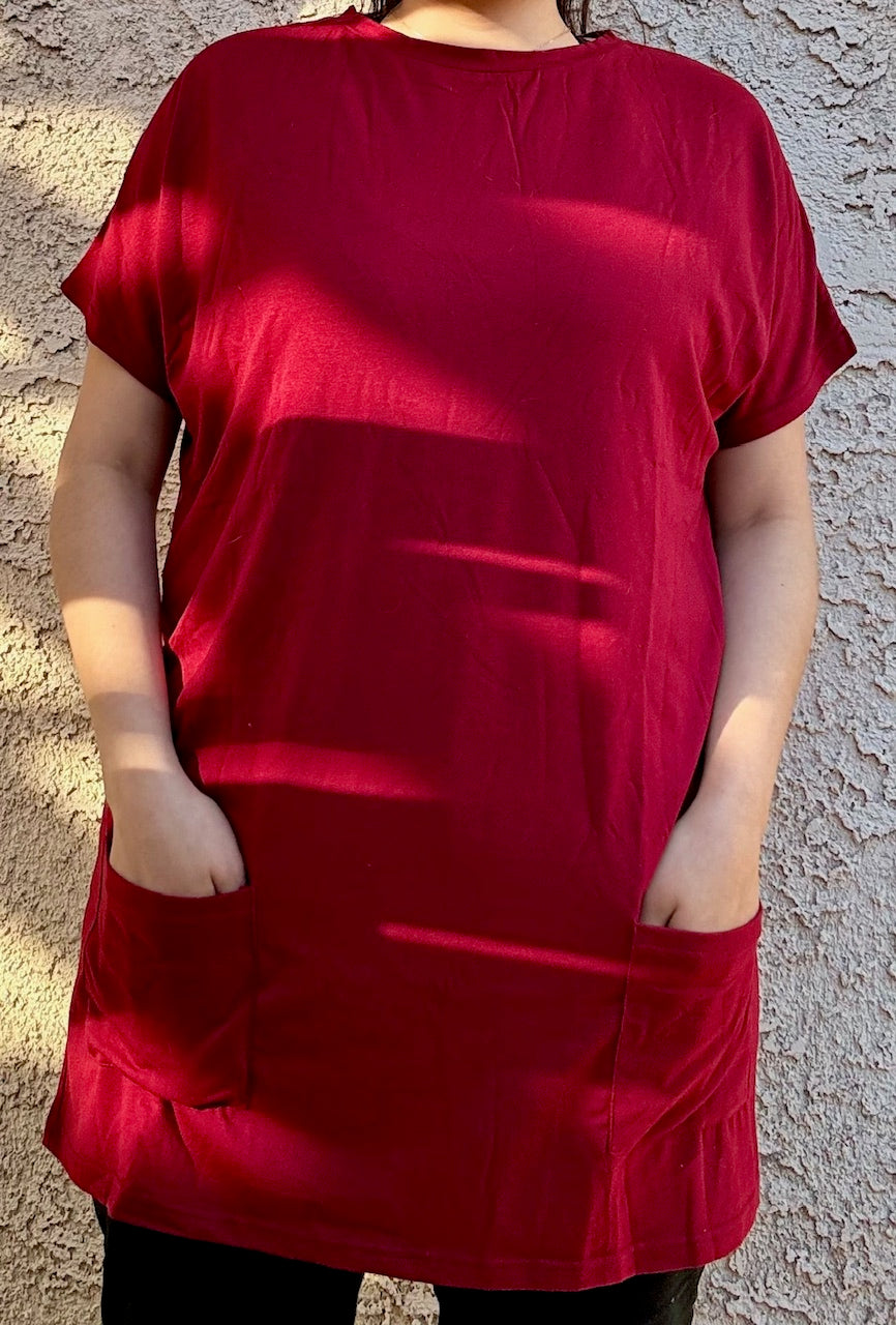 Fiery Red Side Pockets Short Sleeve Tunic Top