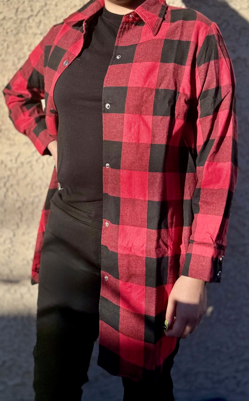 Fiery Red and Black Turn-down Collar Plaid Shirt Coat