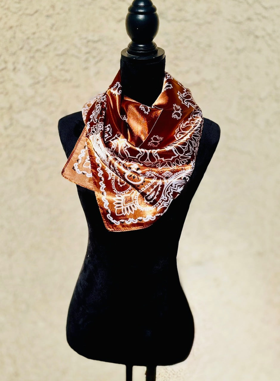 Copper Brown Vintage Fashion Satin Paisley Flower Prints Square Scarf