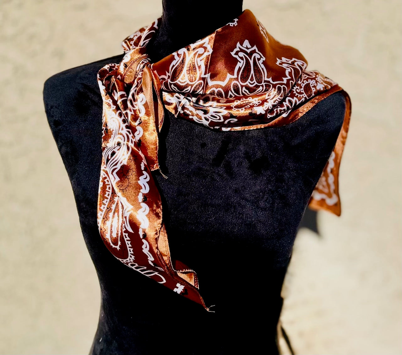 Copper Brown Vintage Fashion Satin Paisley Flower Prints Square Scarf