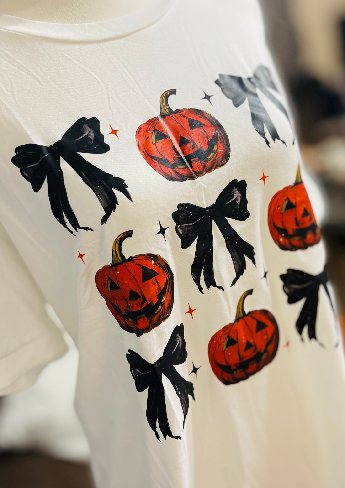 White Halloween Pumpkin Face Bowknot Graphic T Shirt