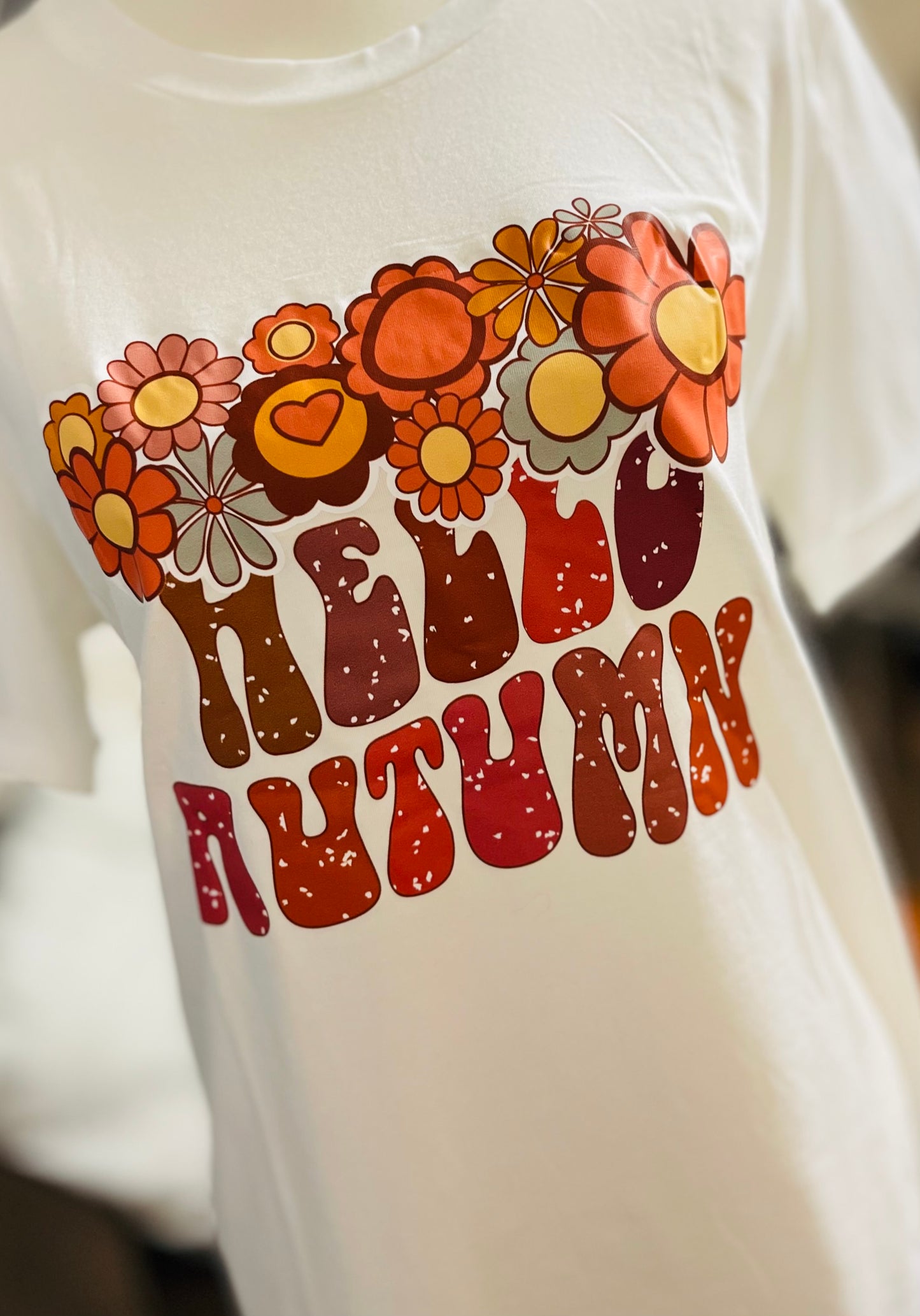 White Floral "HELLO AUTUMN" Printed Crewneck T Shirt