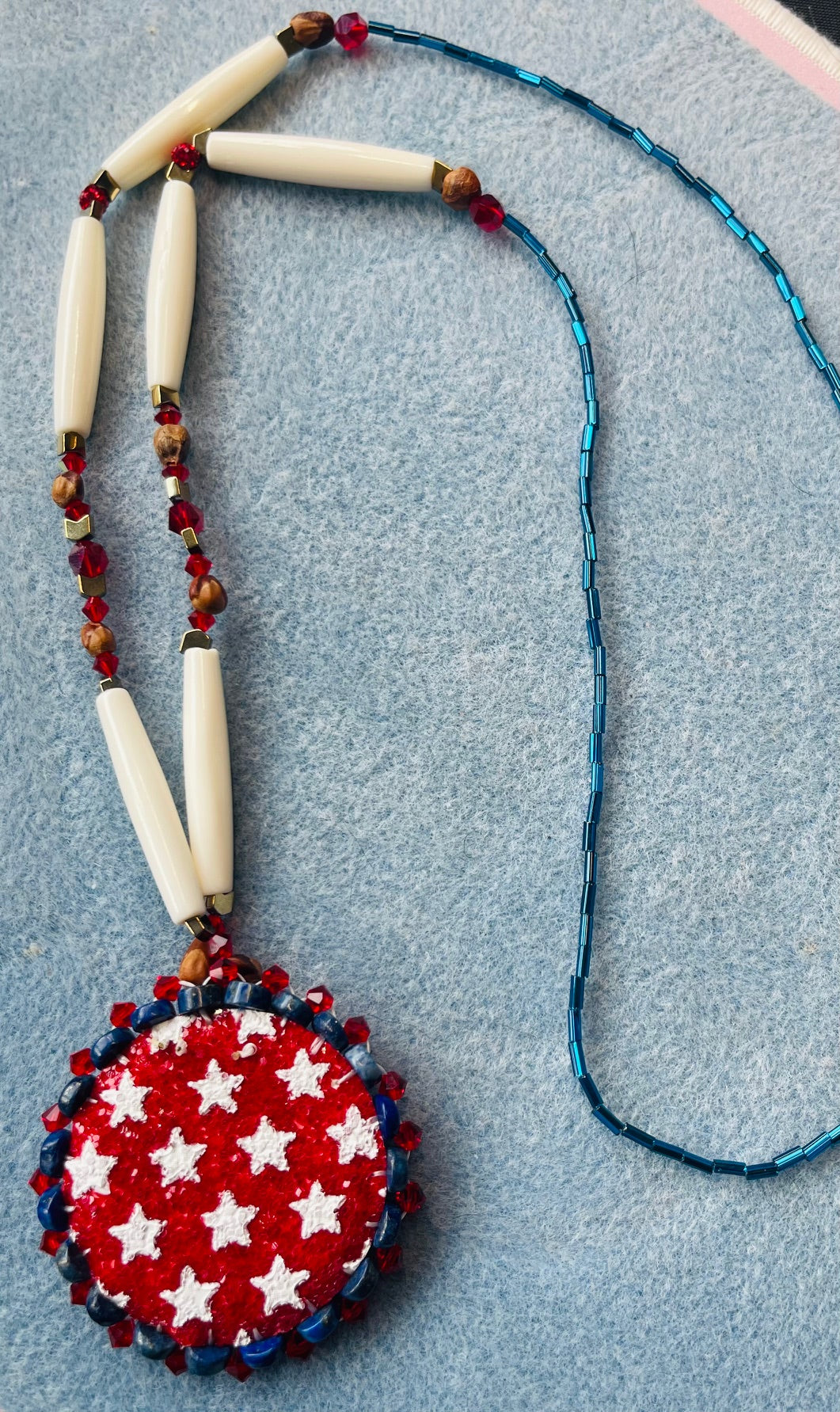 Red White and Blue Beaded Medallion with Juniper Beads