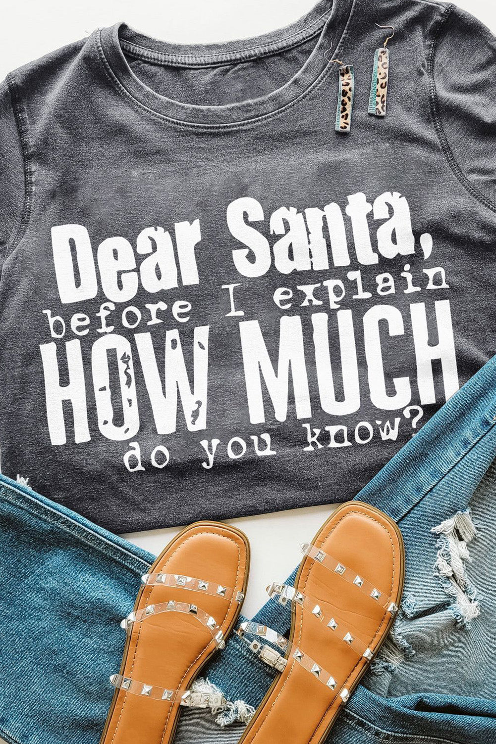 Gray Mineral Wash Christmas "Santa How Much Do You Know?" Graphic T Shirt