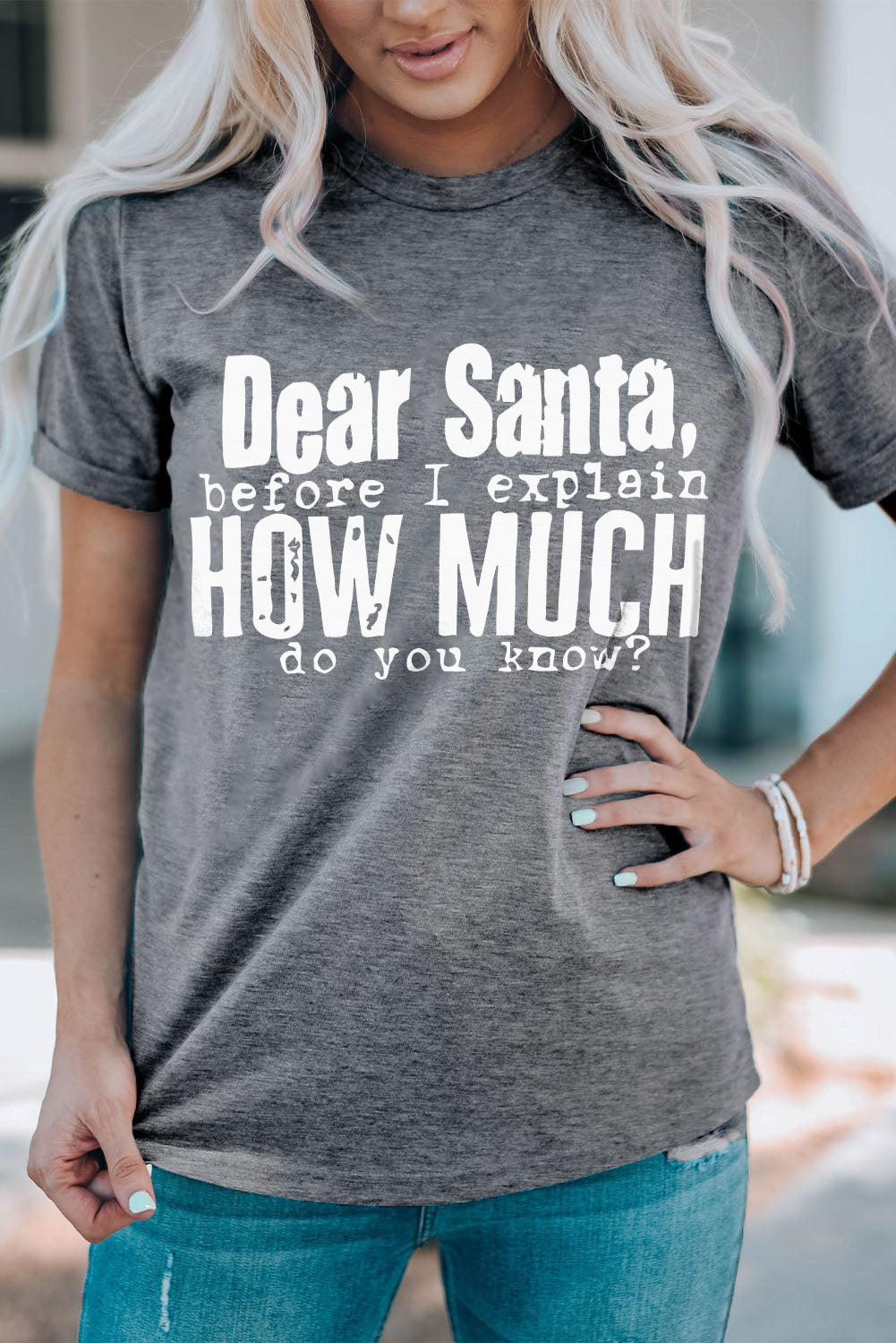 Gray Mineral Wash Christmas "Santa How Much Do You Know?" Graphic T Shirt