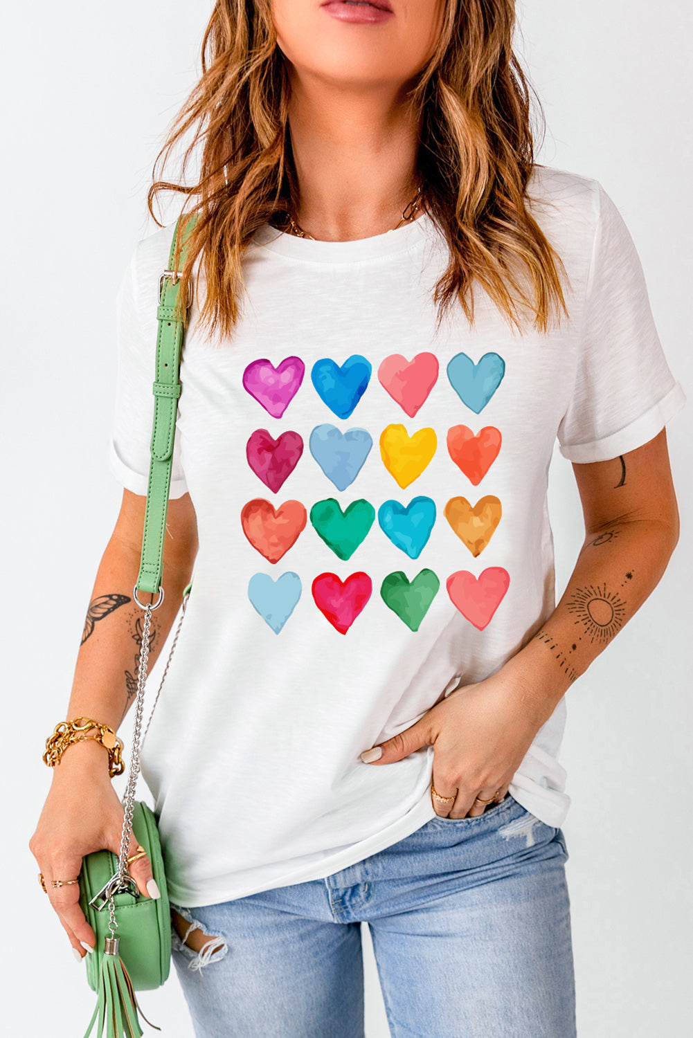 Colorful Heart Shaped Print Crew Neck White T Shirt
