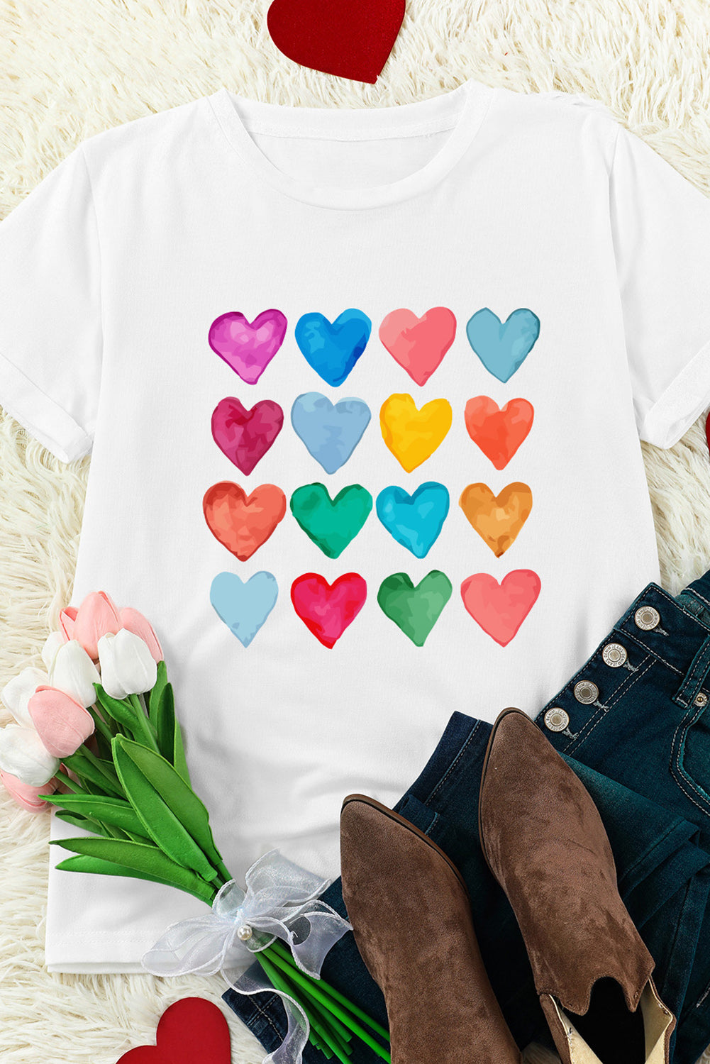 Colorful Heart Shaped Print Crew Neck White T Shirt