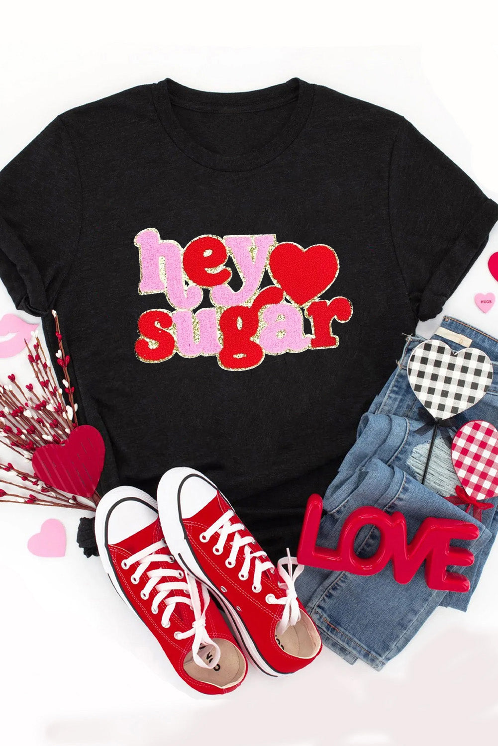 "Hey Sugar" Chenille Heart Patched Black Crewneck Valentines Tee