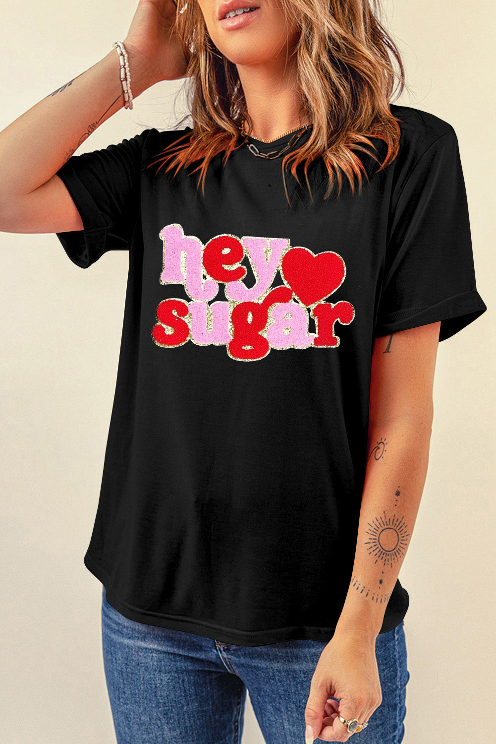"Hey Sugar" Chenille Heart Patched Black Crewneck Valentines Tee