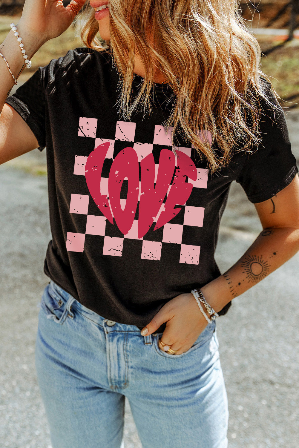 Checkered "LOVE" Graphic Valentine Black Tee