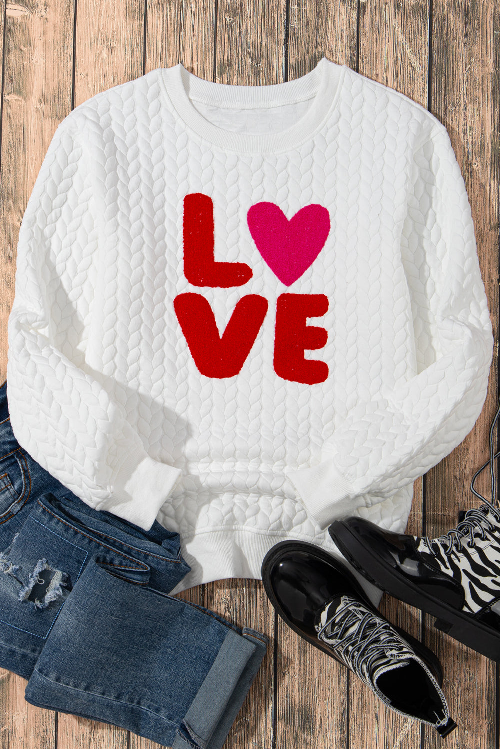 "LOVE" Chenille Embroidered Cable Knit White Pullover Sweatshirt