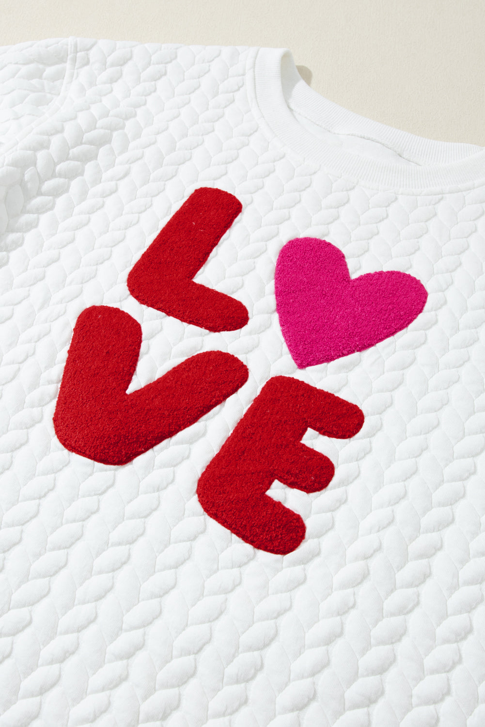 "LOVE" Chenille Embroidered Cable Knit White Pullover Sweatshirt