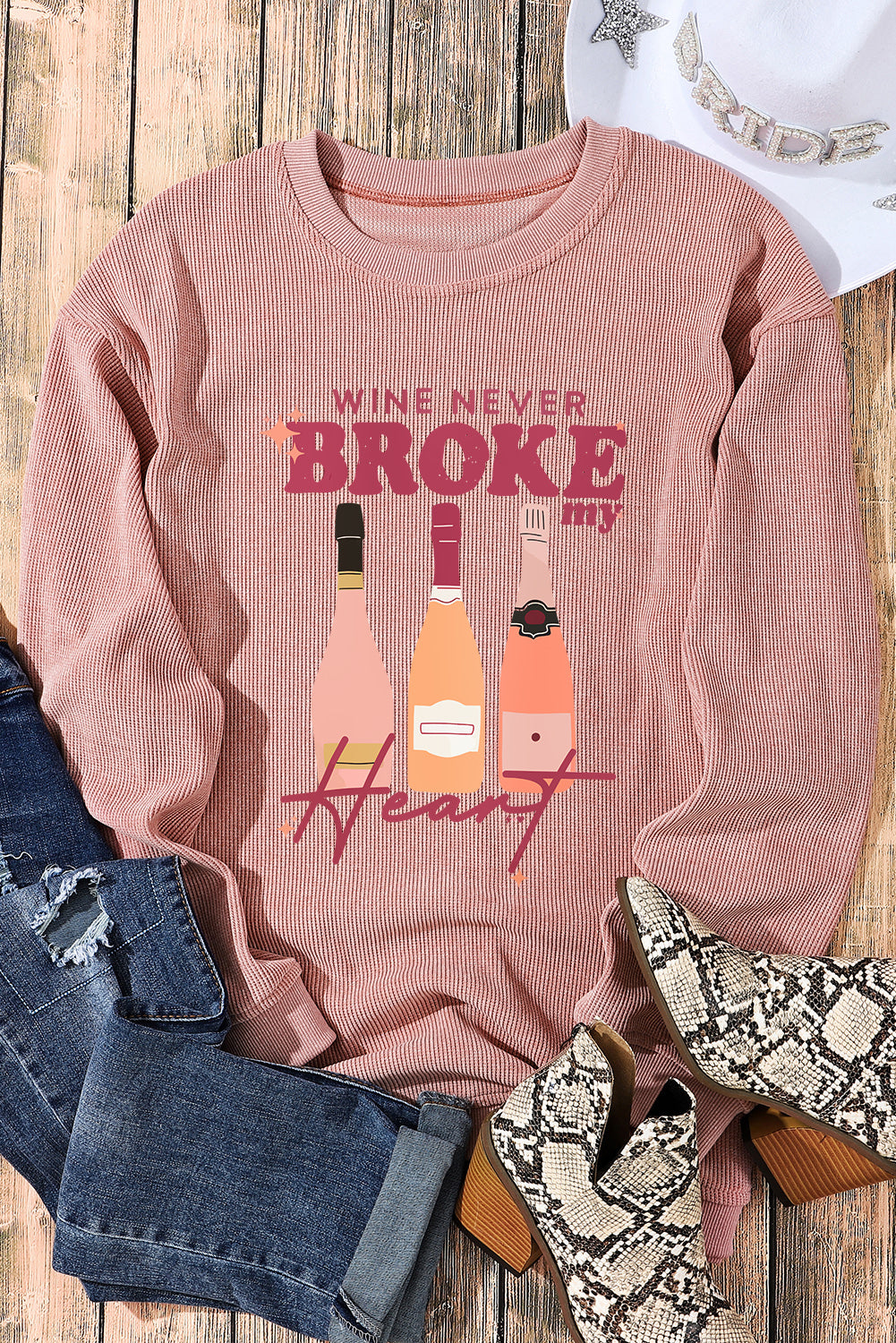 Pink "Wine Never Broke my Heart" Corded Baggy Sweatshirt