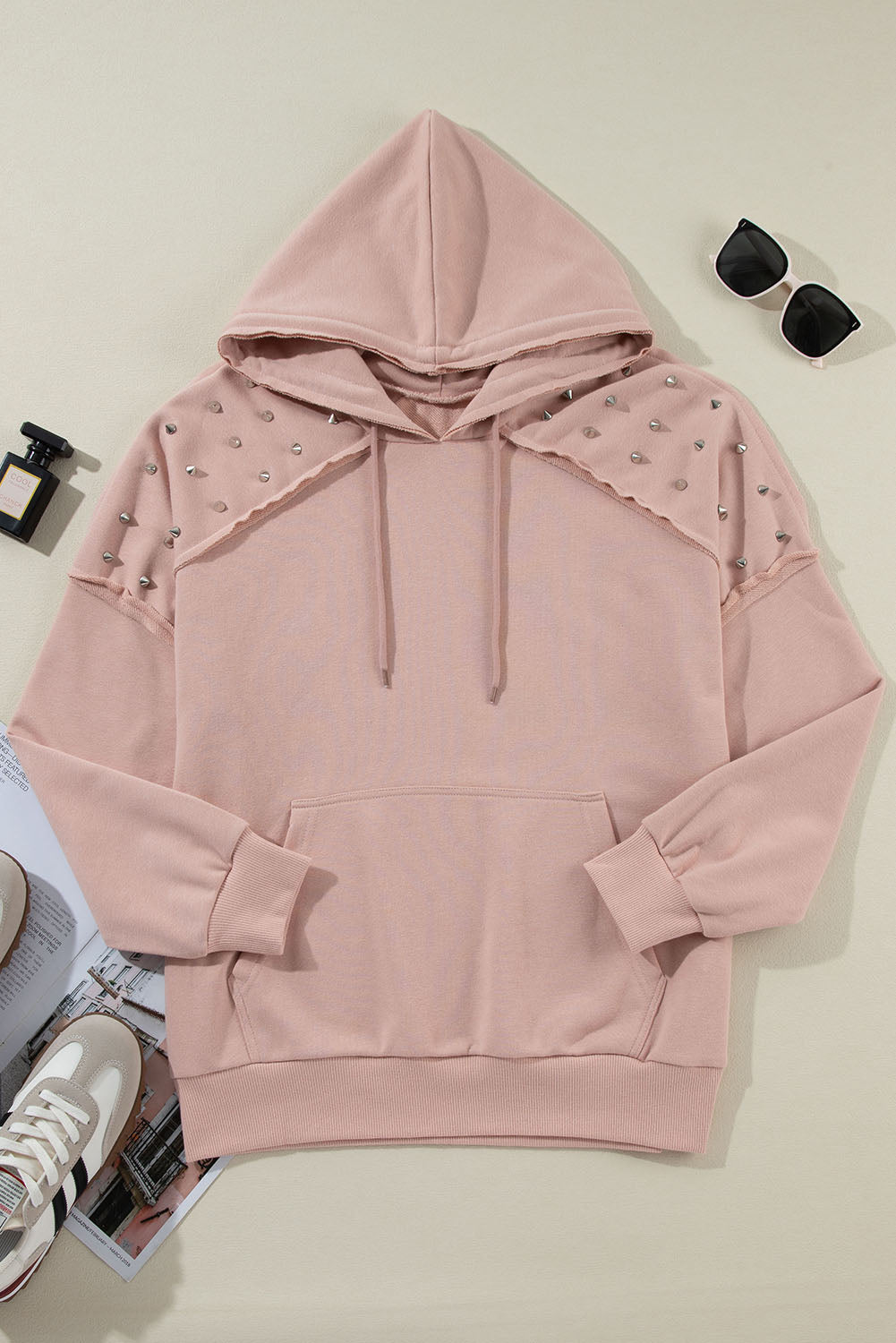 Rivet Stud Raglan Sleeve Soft Pink Hoodie with Pocket