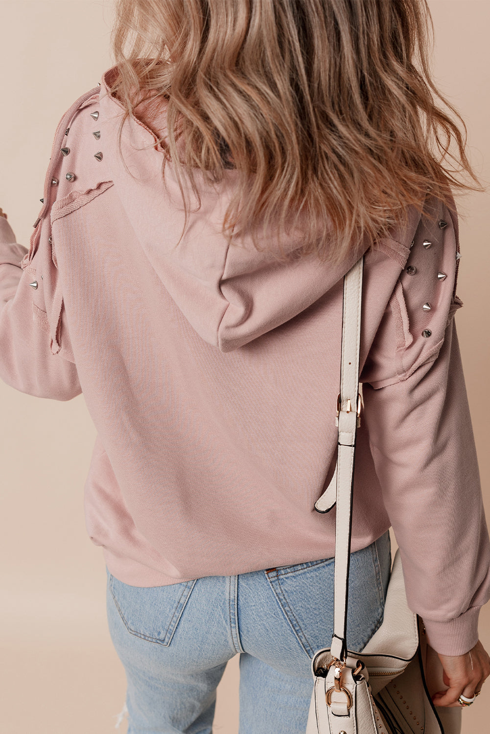 Rivet Stud Raglan Sleeve Soft Pink Hoodie with Pocket