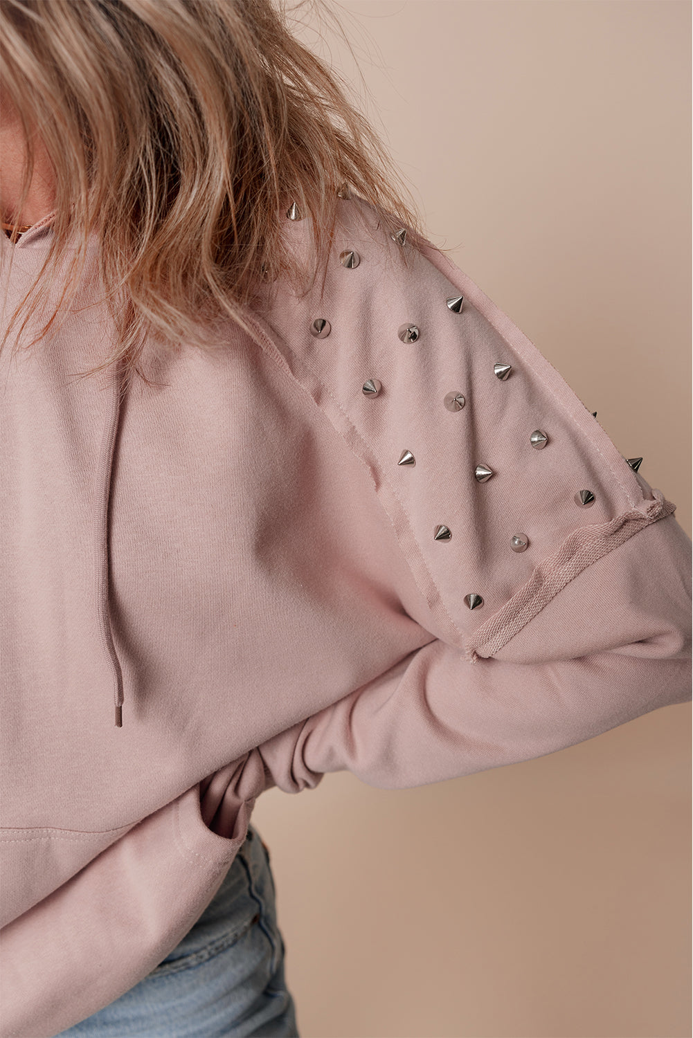 Rivet Stud Raglan Sleeve Soft Pink Hoodie with Pocket