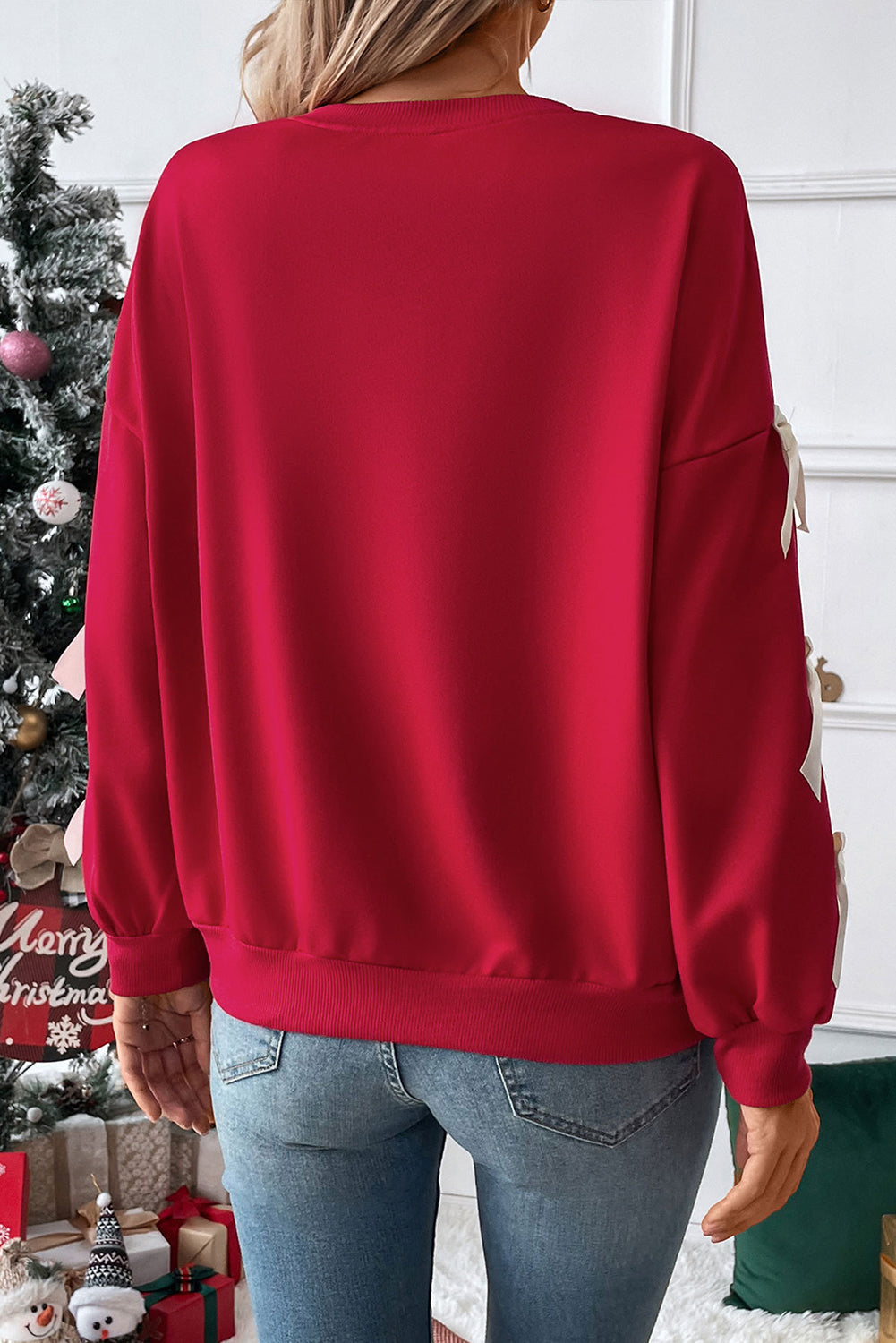 Fiery Red Contrast Bow Dropped Sleeve Crewneck Sweatshirt
