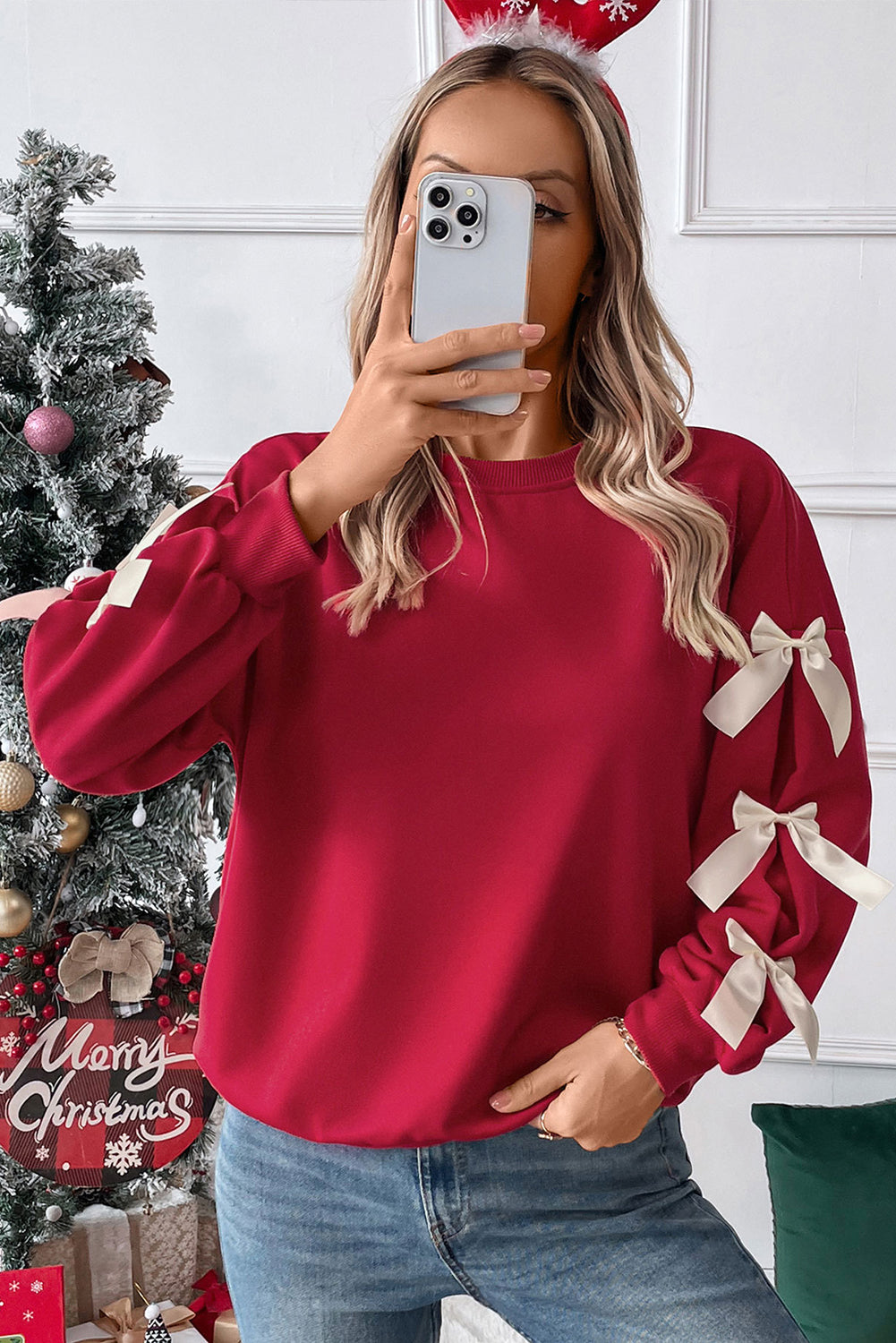 Fiery Red Contrast Bow Dropped Sleeve Crewneck Sweatshirt